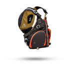 Stohlquist black and brown kayaking safety life jacket with orange accents, side view