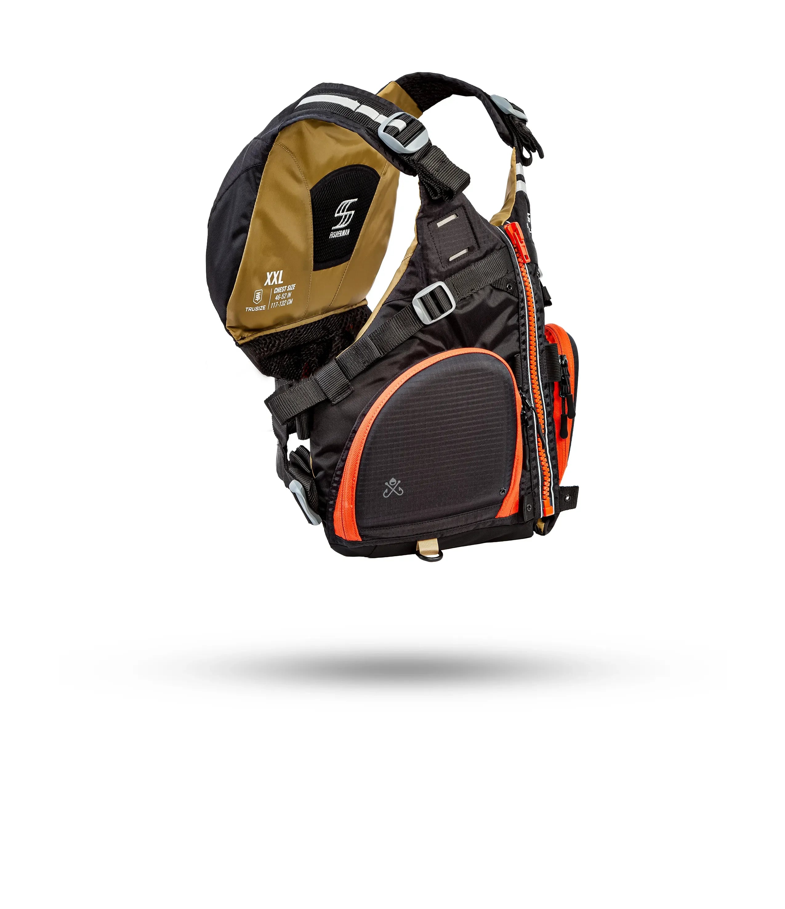 Stohlquist black and brown kayaking safety life jacket with orange accents, side view