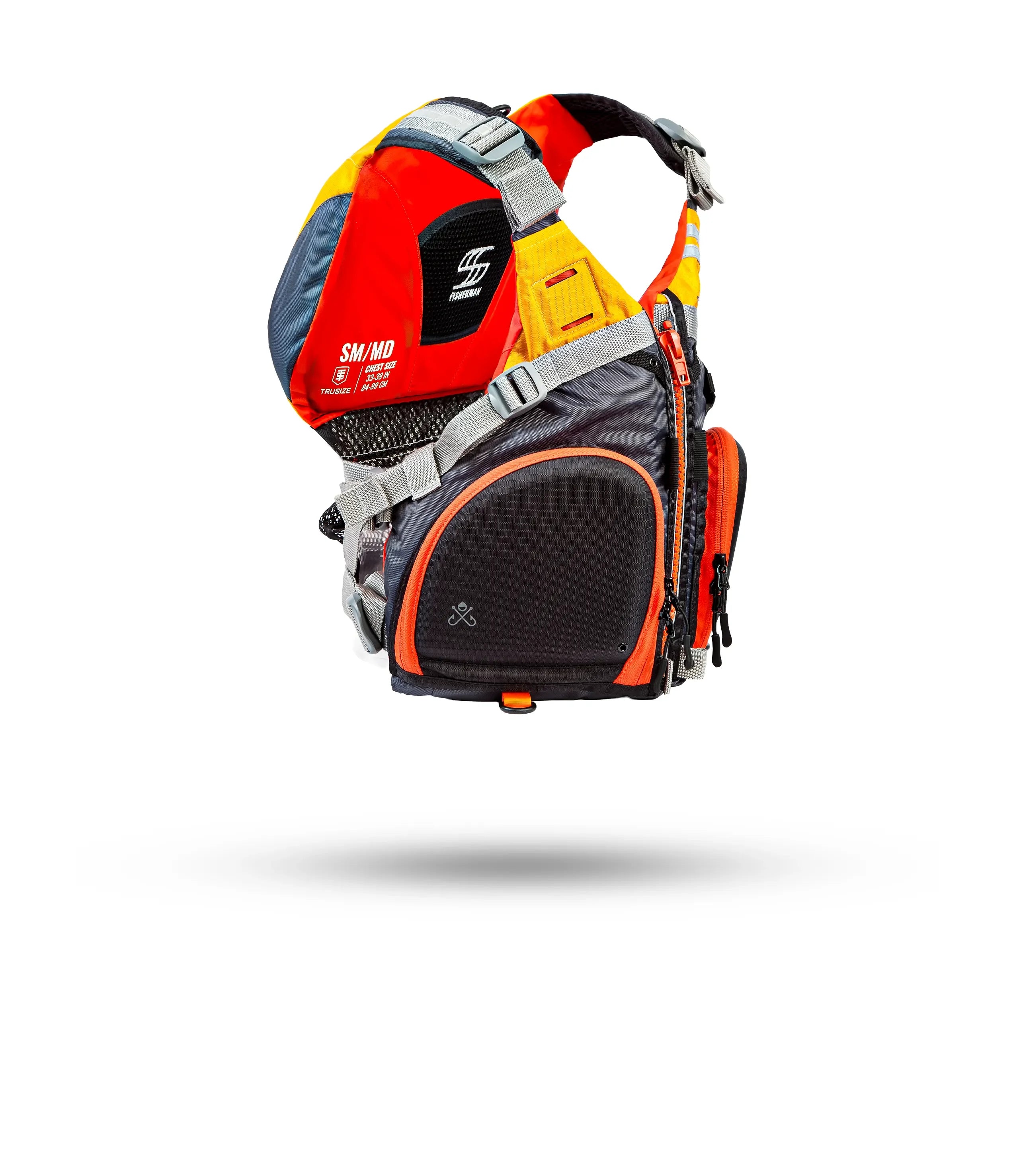 Stohlquist Fisherman kayak fishing life jacket, orange and gray with storage pockets, side view