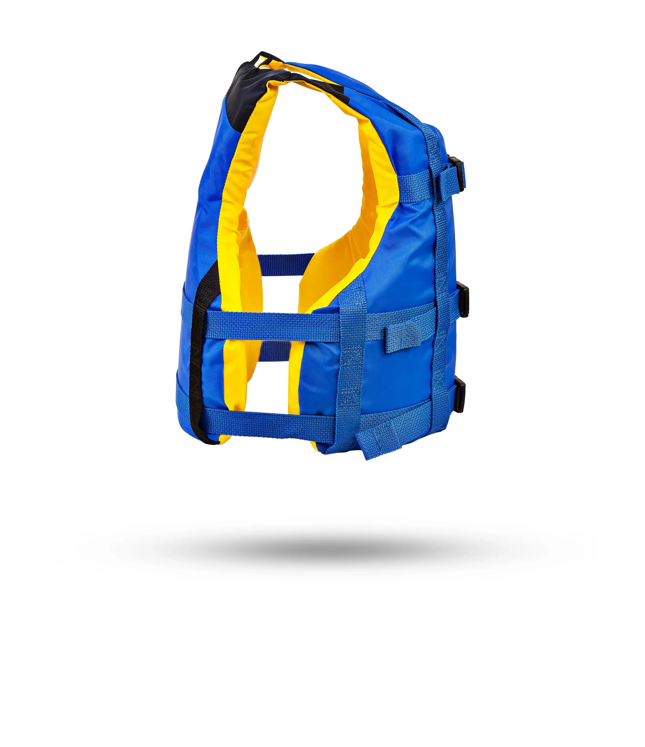 Stohlquist blue and yellow kayaking life jacket side view on white background