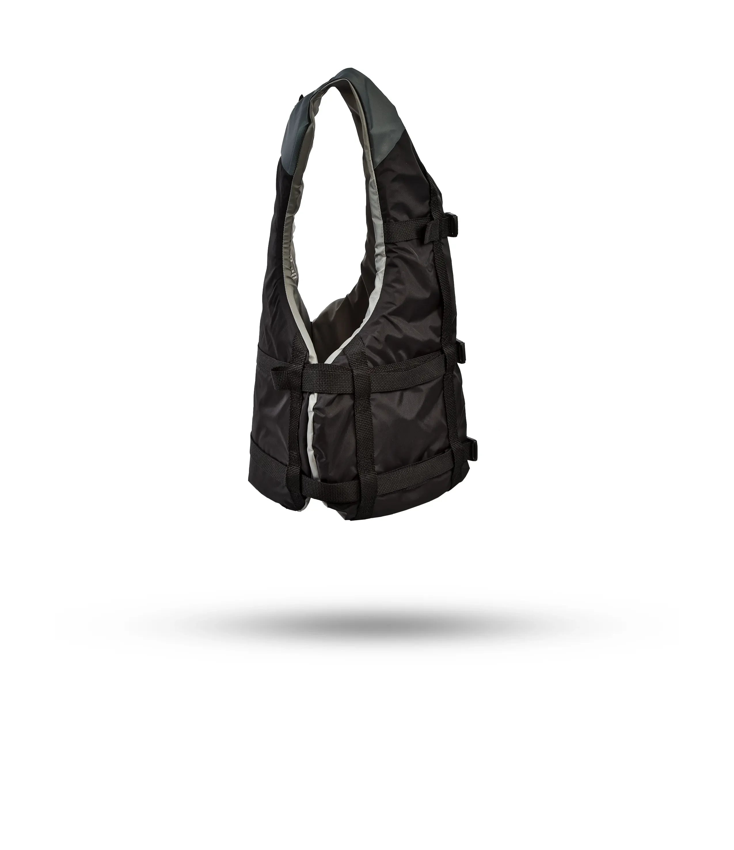 Stohlquist black and gray kayaking life jacket product side view on white background