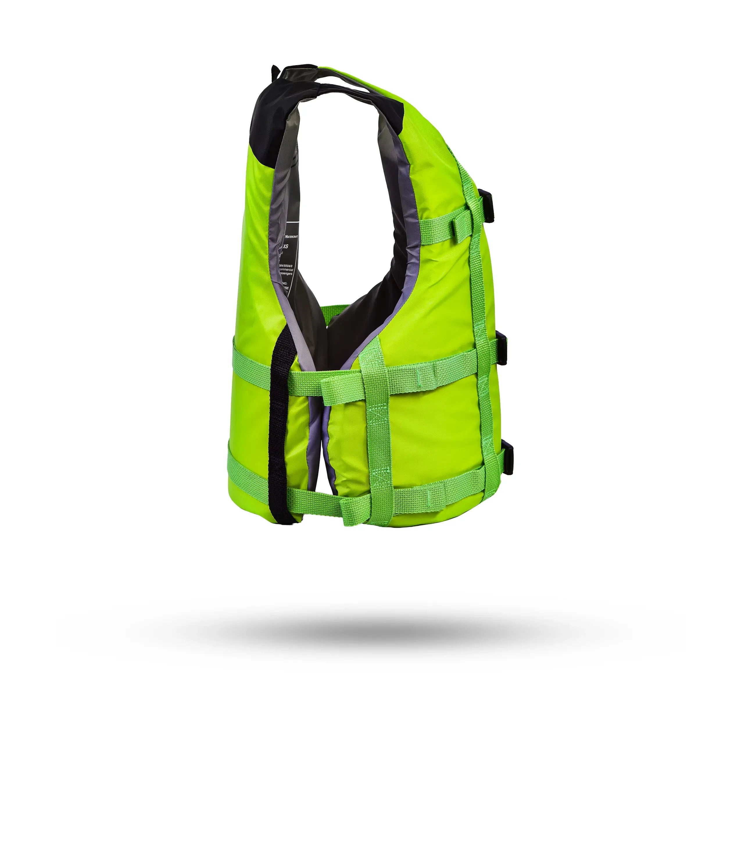 Stohlquist lime green kayaking life jacket side view on white background