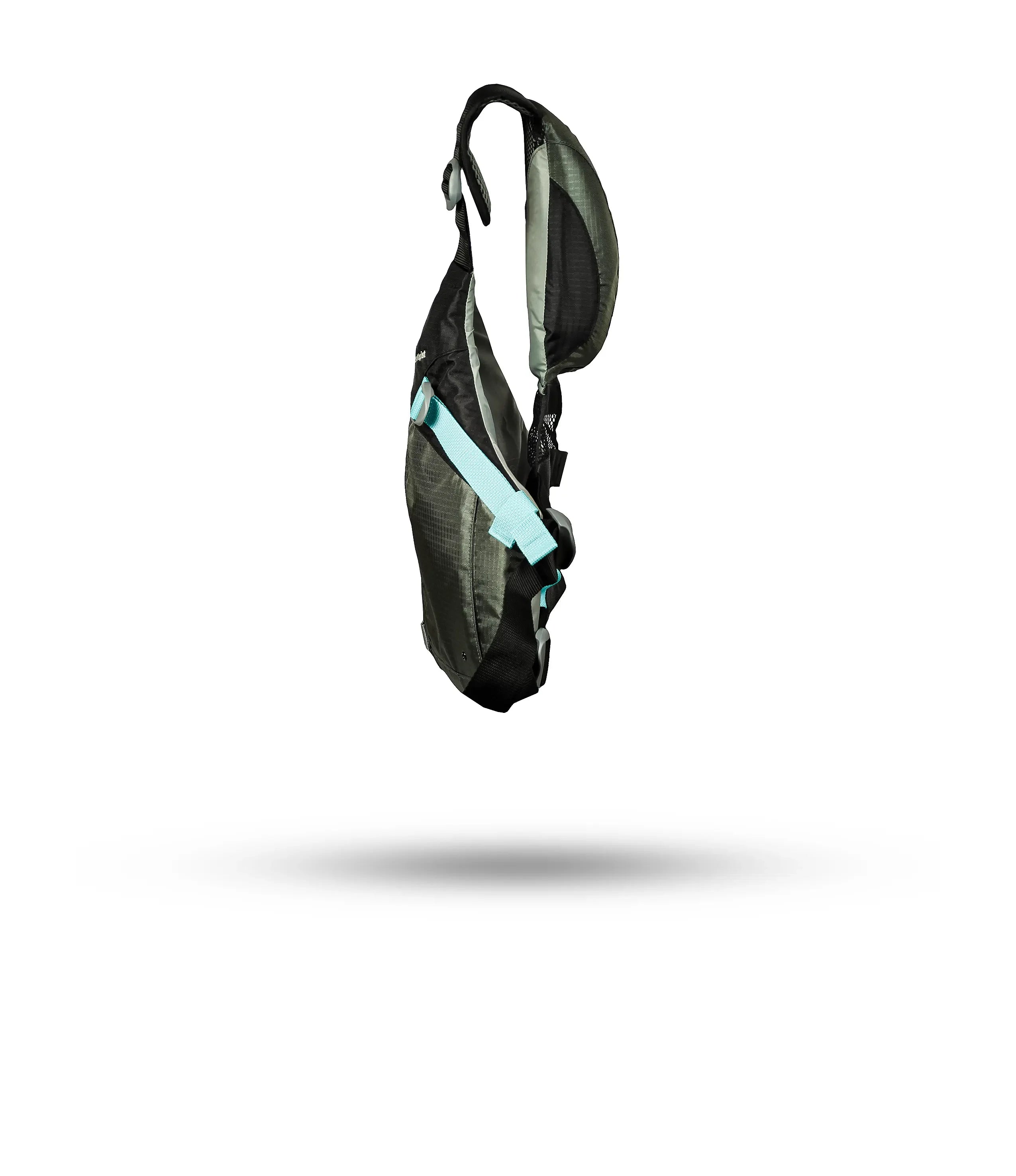 Stohlquist gray kayaking life jacket side view with teal straps on white background
