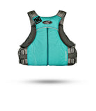 Stohlquist turquoise kayaking life jacket with adjustable straps, back view on white background