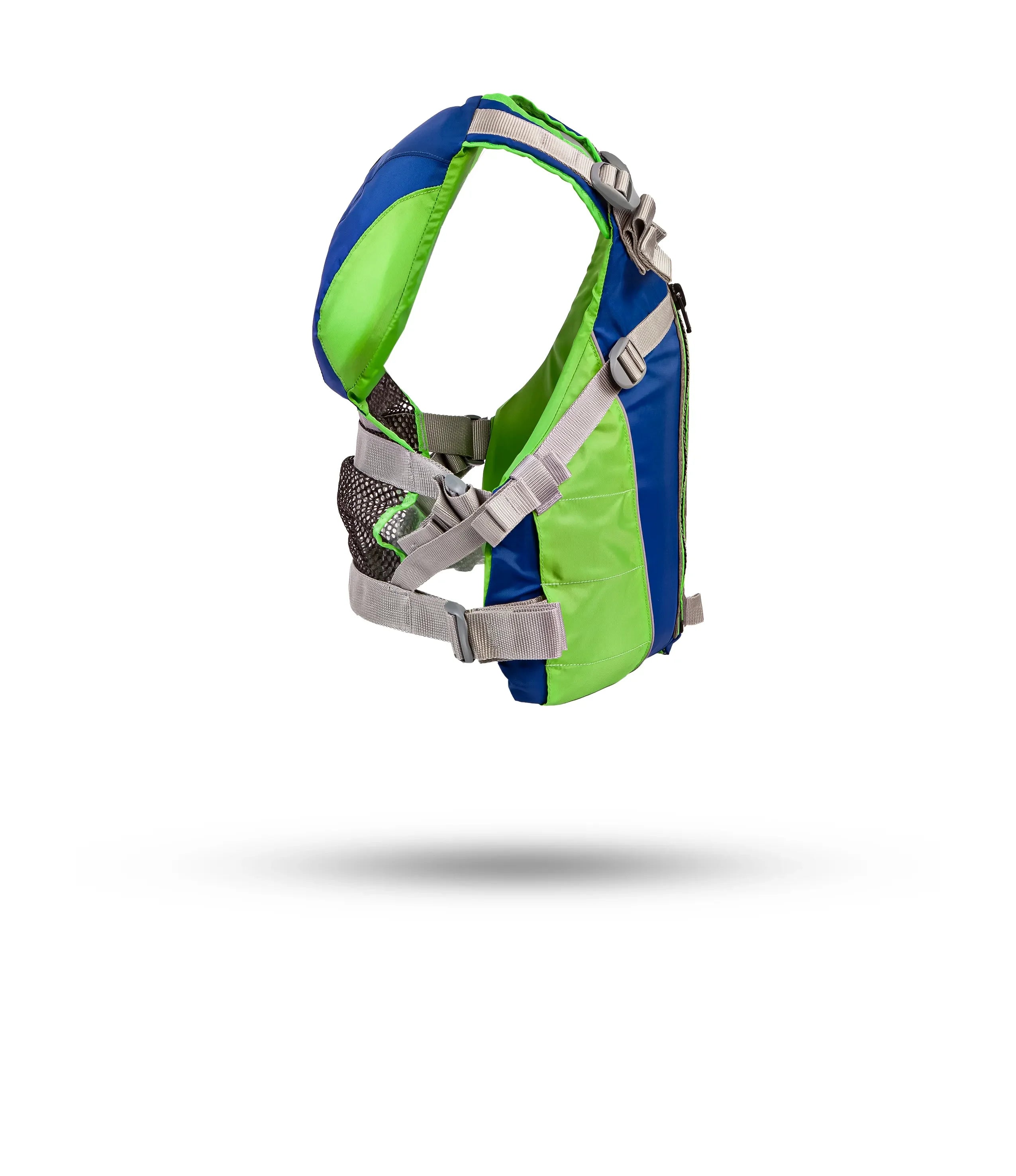 Stohlquist green and blue kayaking life jacket with adjustable straps, side view, on white background