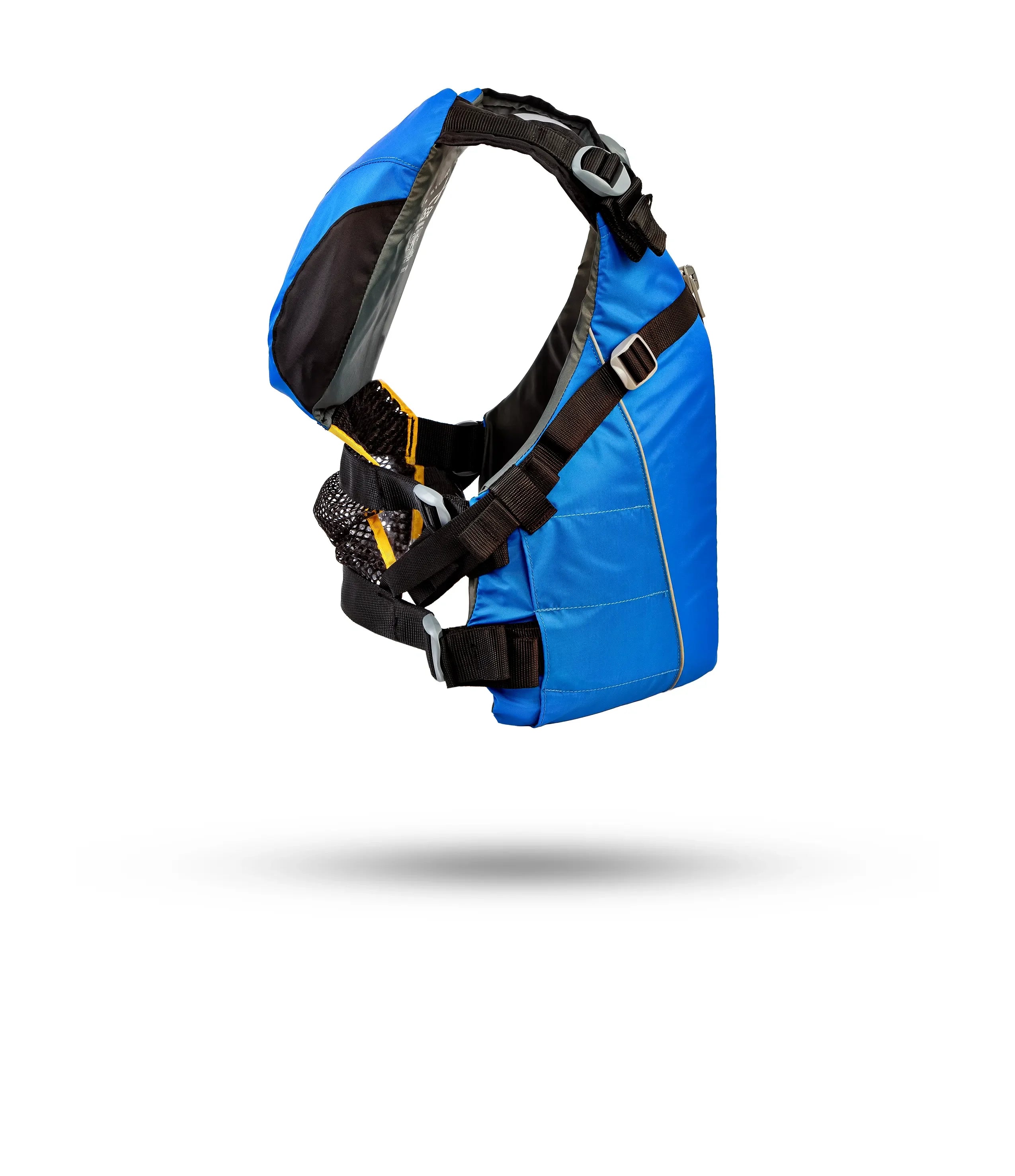 Stohlquist blue kayaking life jacket with adjustable straps, side view on white background