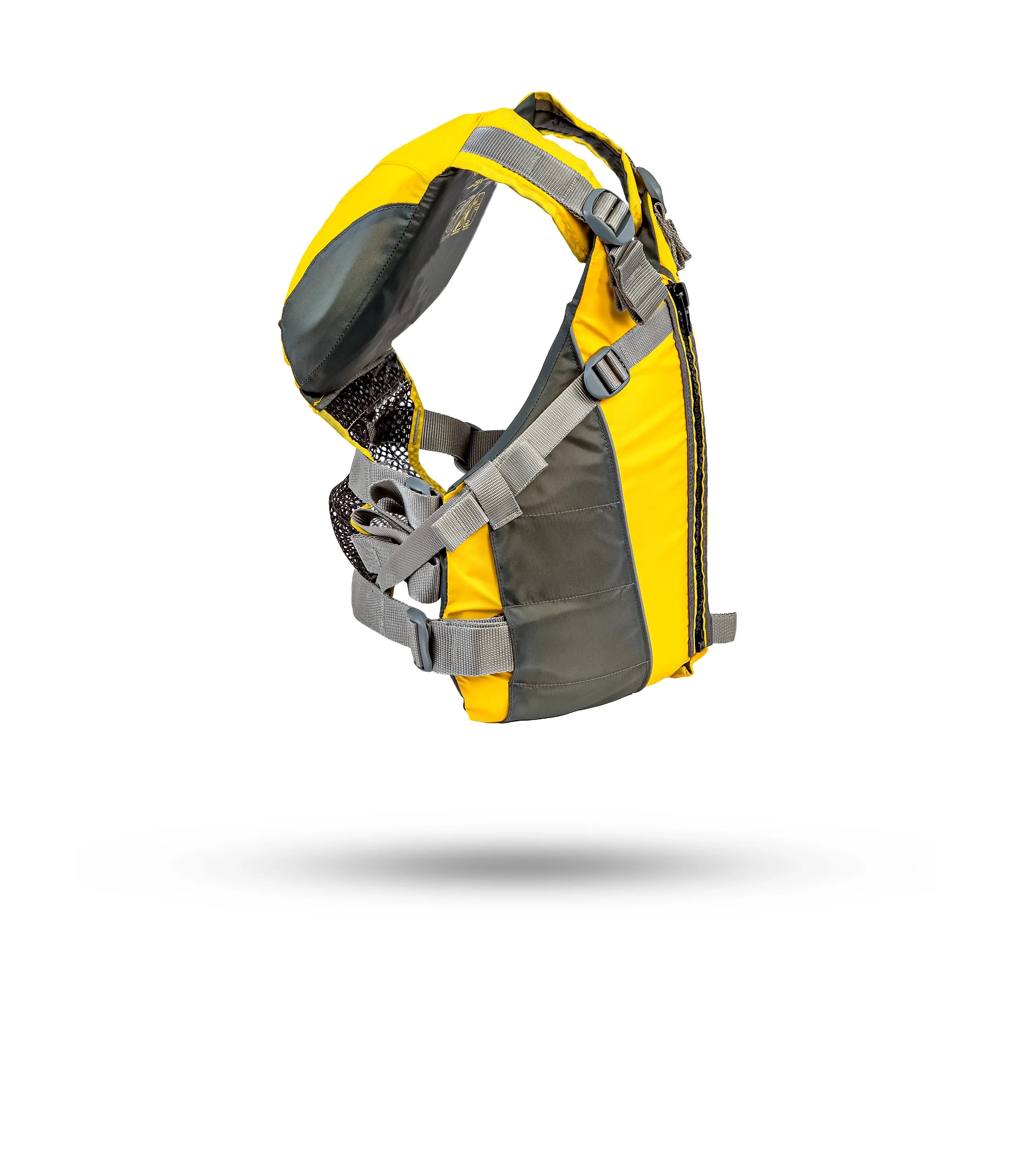 Stohlquist yellow and gray kayaking life jacket with adjustable straps, side view