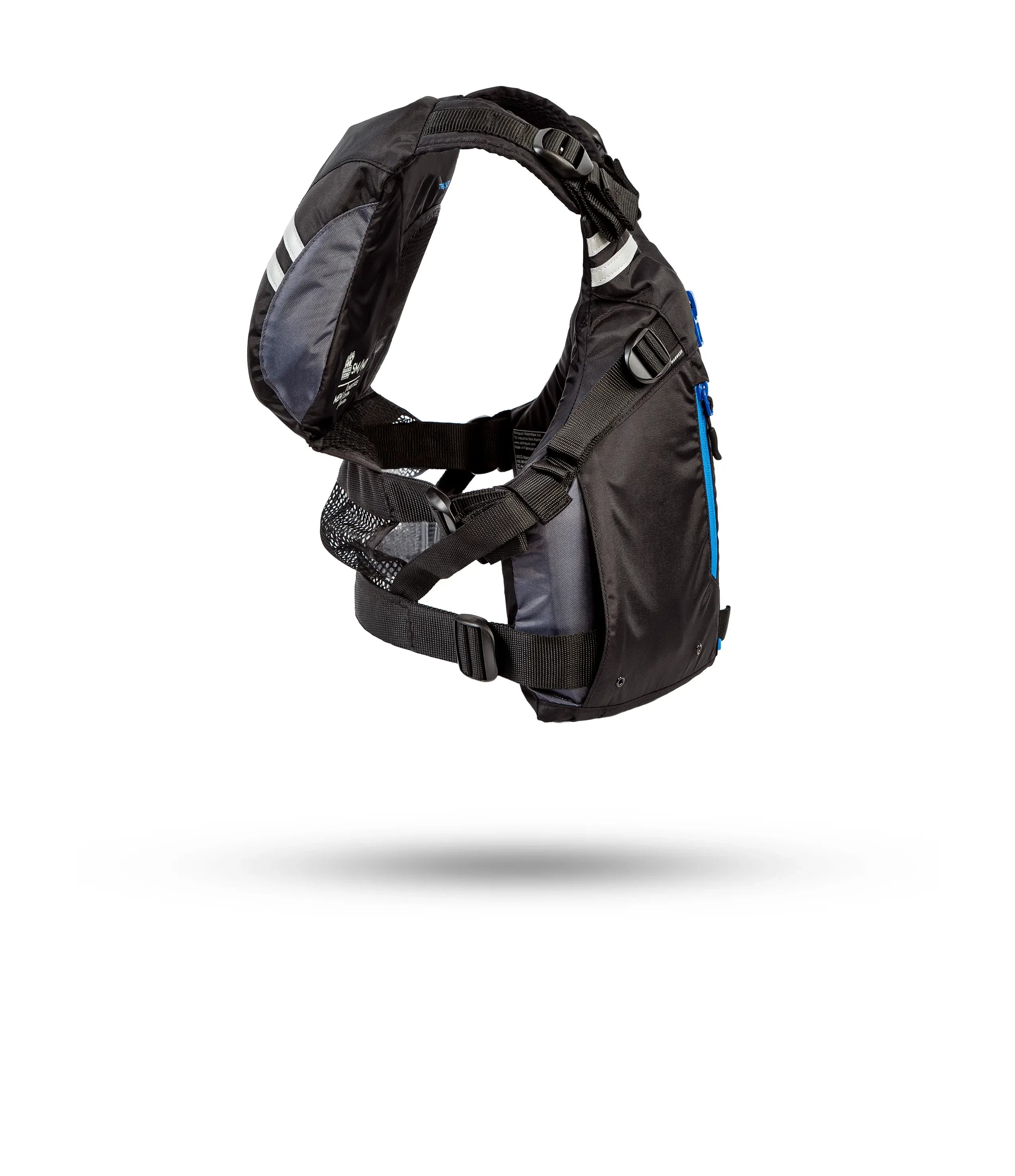 Stohlquist black kayaking and paddling safety life jacket with blue zipper, side view