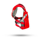 Red Stohlquist kayaking life jacket with adjustable straps, side view on white background