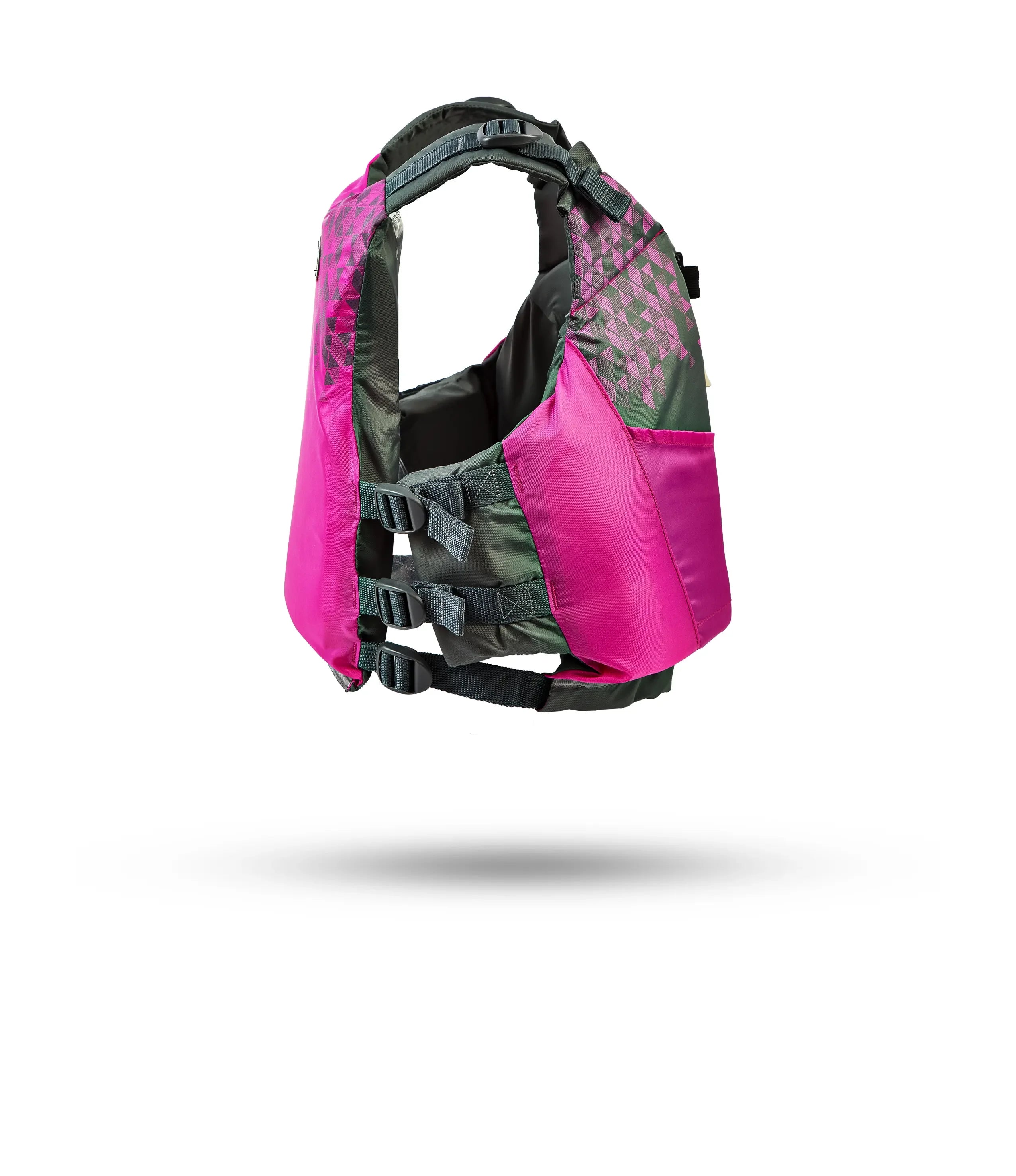 Stohlquist women's violet kayak life jacket with adjustable straps on white background