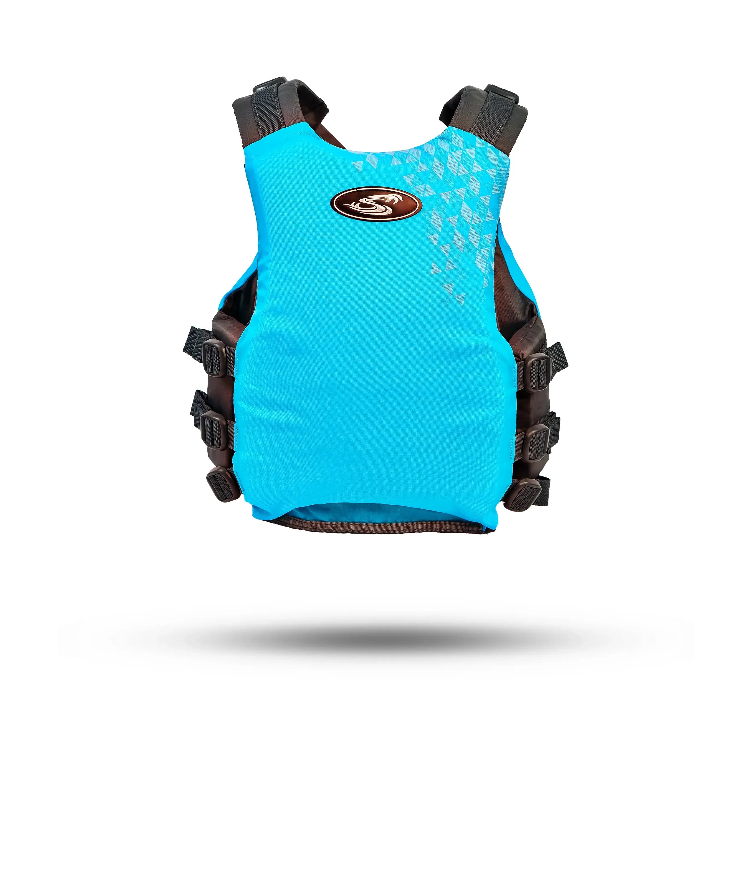 Stohlquist women's blue kayaking life jacket with adjustable straps, back view