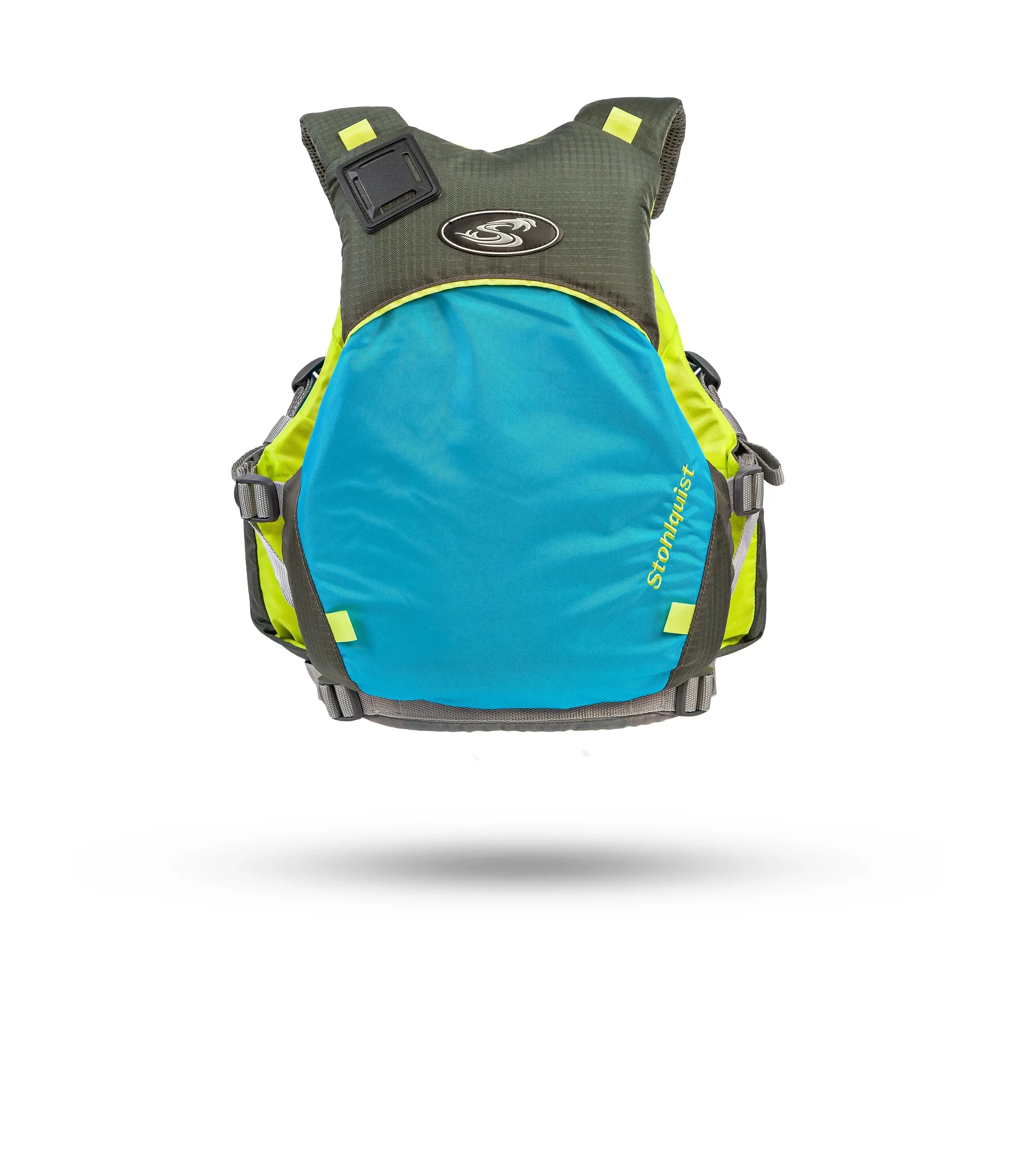 Stohlquist blue and green kayaking life jacket with logo and adjustable straps, safety gear