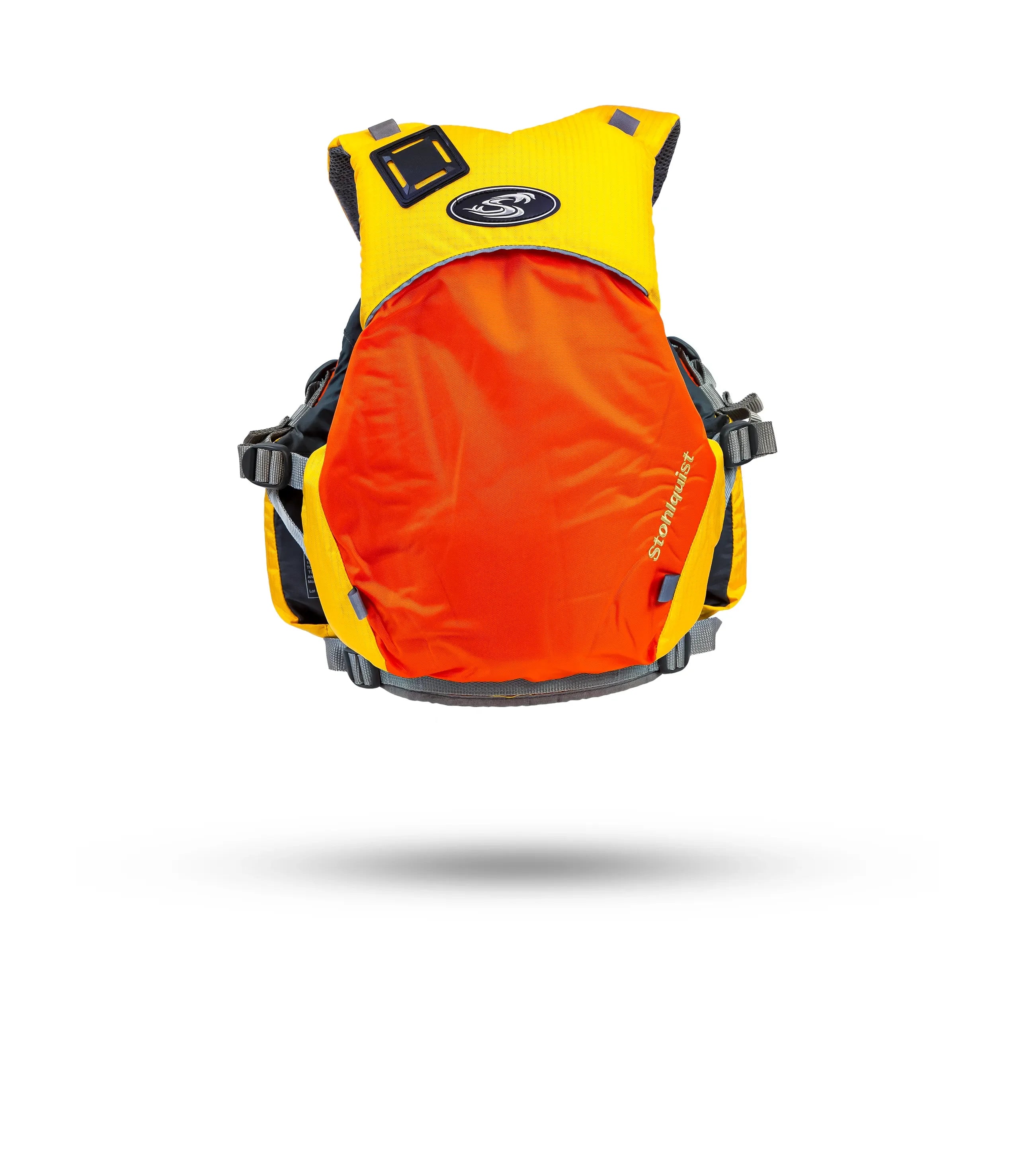 Stohlquist kayaking life jacket in orange and yellow, back view with safety features visible