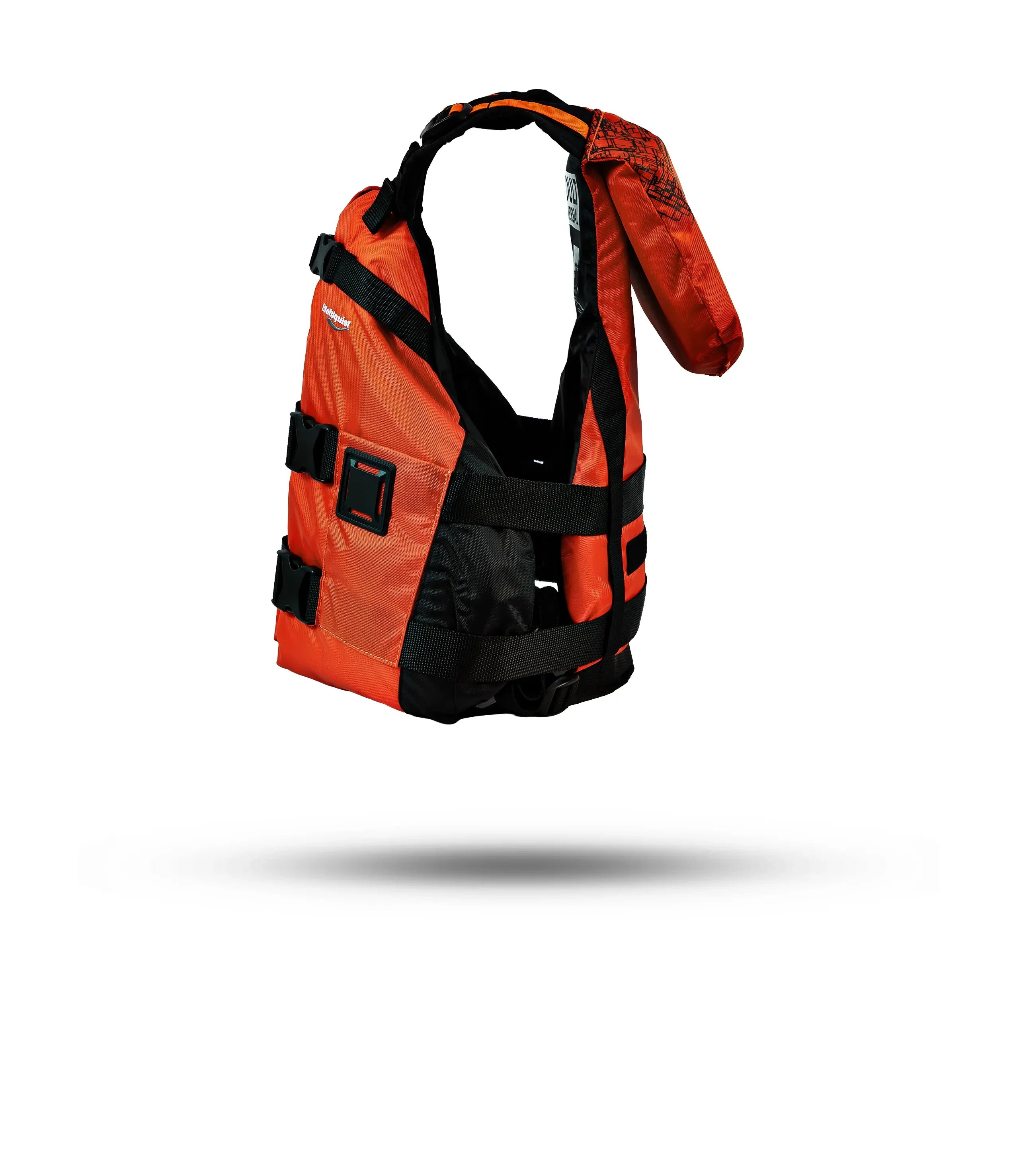 Stohlquist orange kayaking life jacket with black straps and safety features, side view