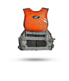 Stohlquist orange and gray kayaking life jacket back view with mesh panel and logo