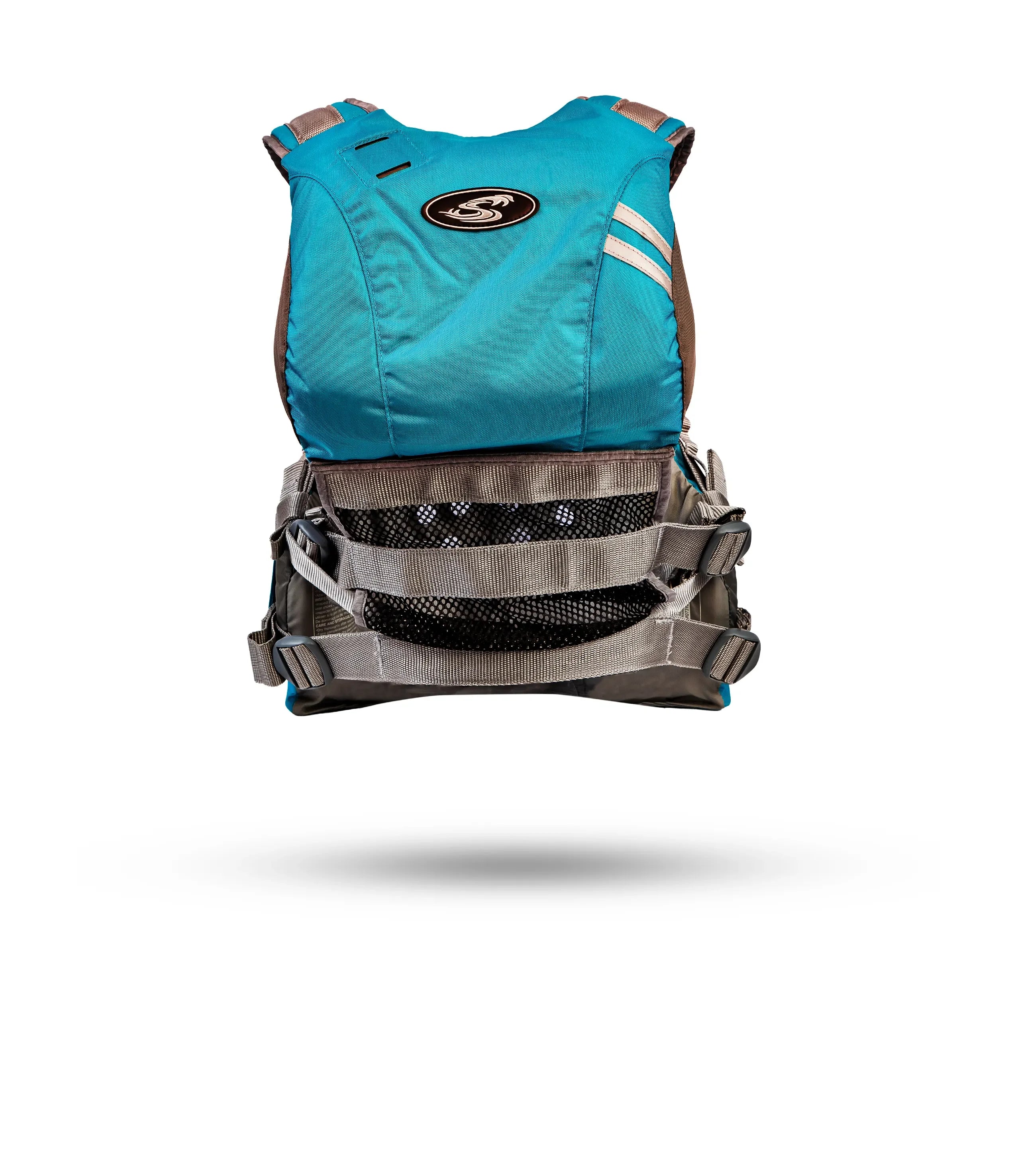 Stohlquist turquoise and gray kayaking life jacket with mesh back and adjustable straps