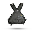 Black Stohlquist kayaking and paddling life jacket, back view, with secure adjustable straps