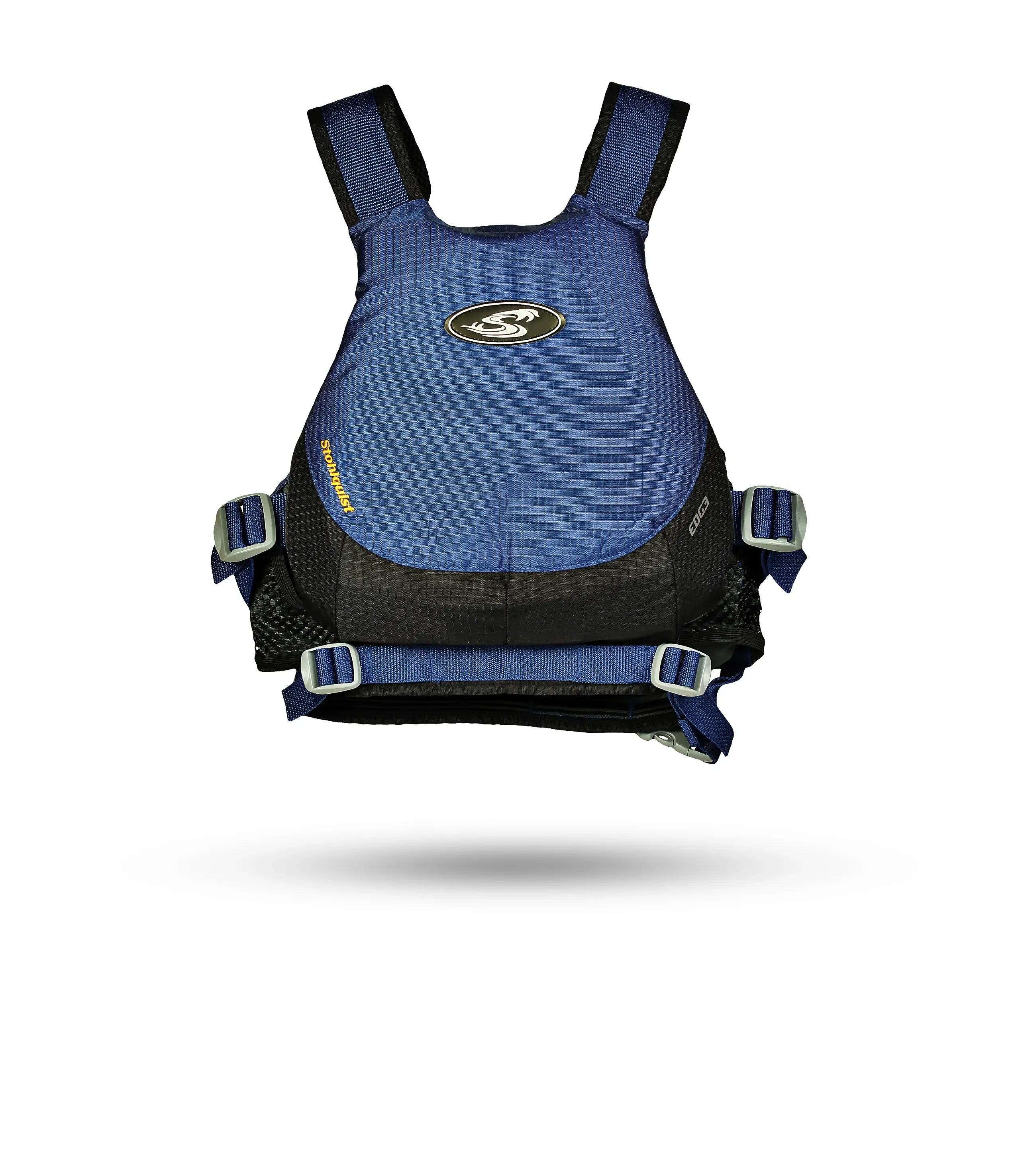 Stohlquist navy kayaking life jacket with adjustable straps, shown on a white background.