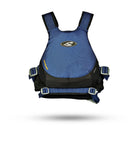 Stohlquist navy kayaking life jacket with adjustable straps, shown on a white background.