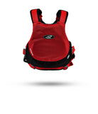 Stohlquist red kayaking life jacket, back view, with black trim and safety straps.