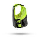 Stohlquist neon yellow and gray kayaking life jacket side view on white background