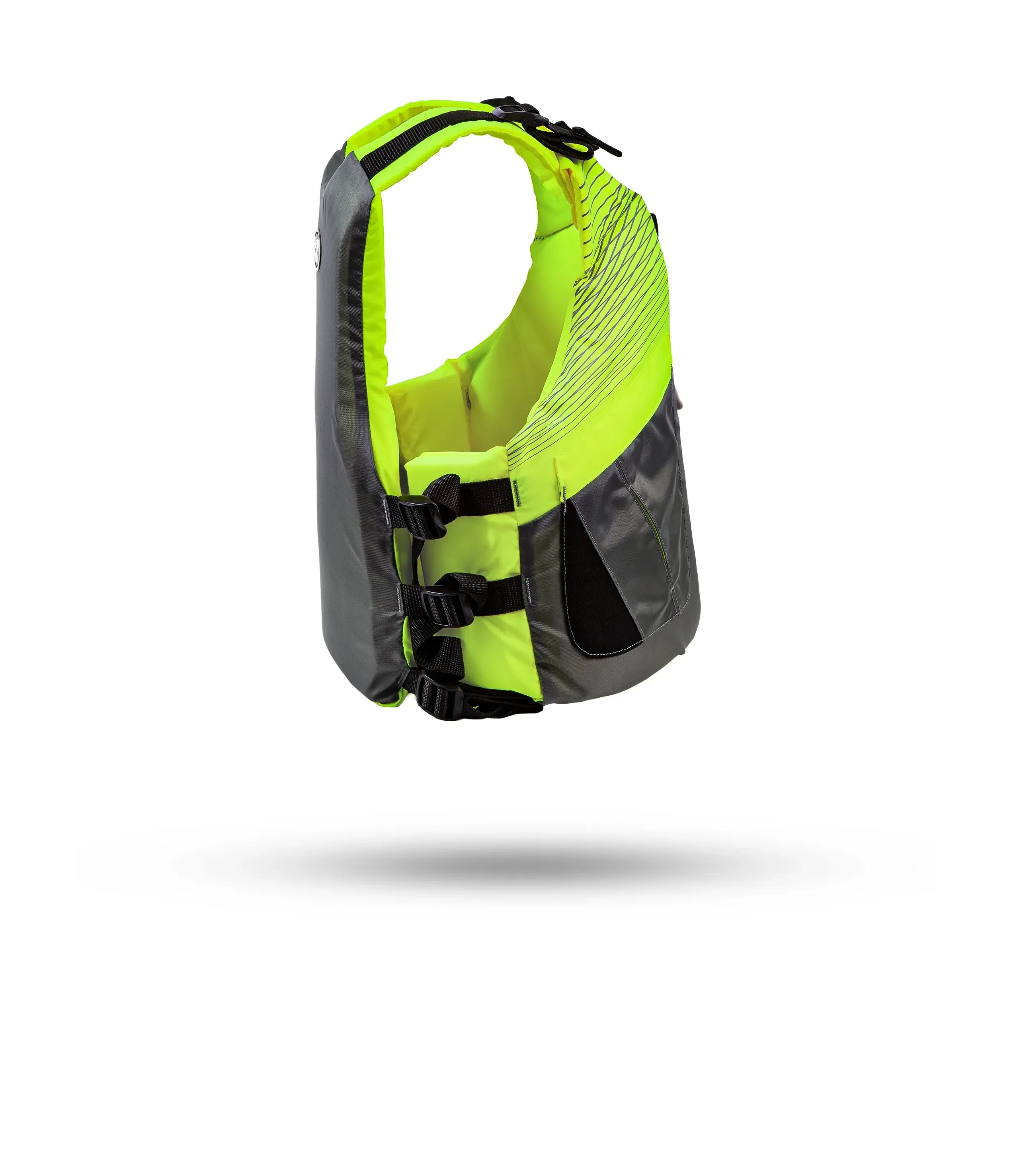 Stohlquist neon yellow and gray kayaking life jacket side view on white background