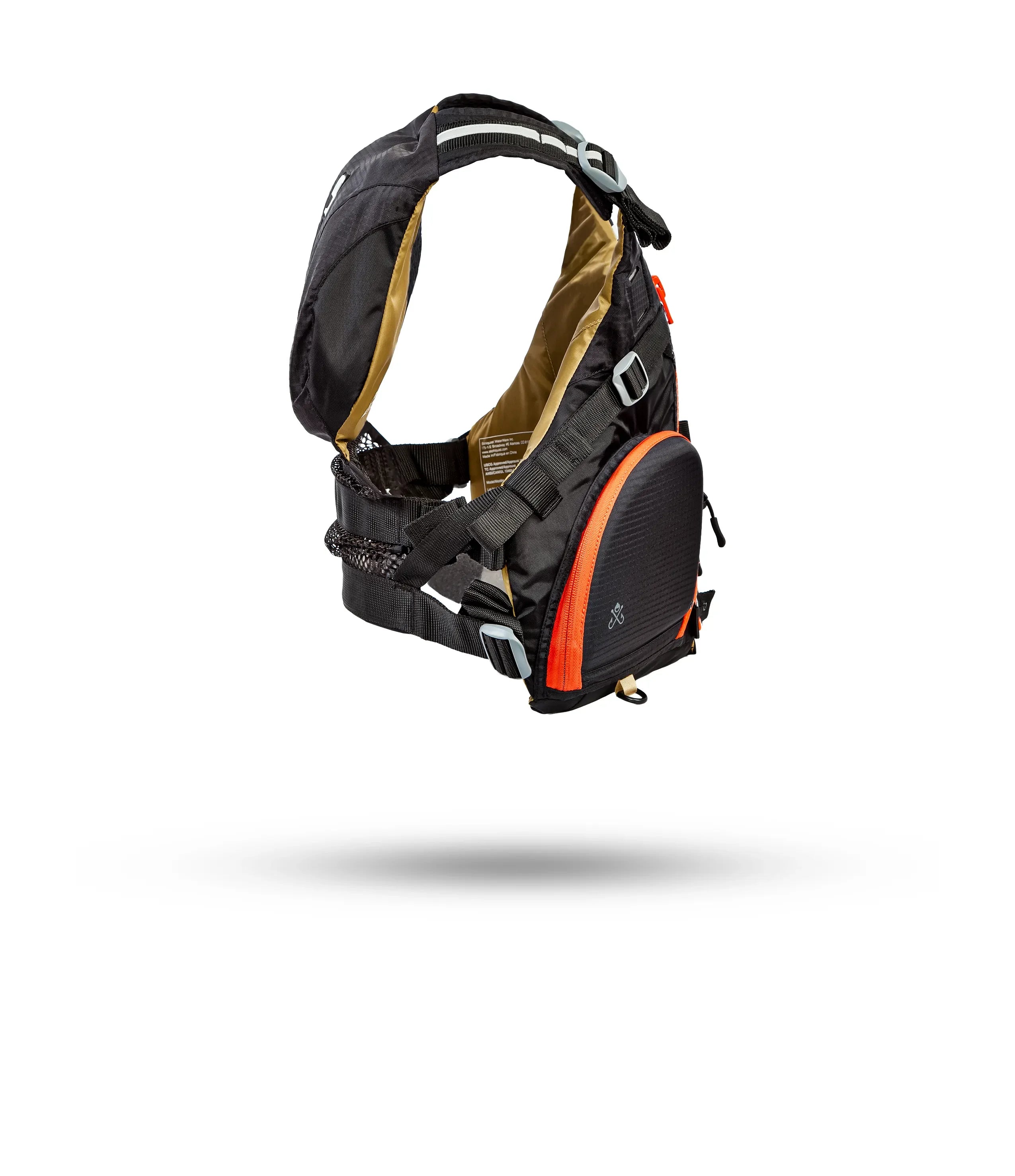 Stohlquist black fishing life jacket with orange zipper, adjustable straps, kayaking PFD