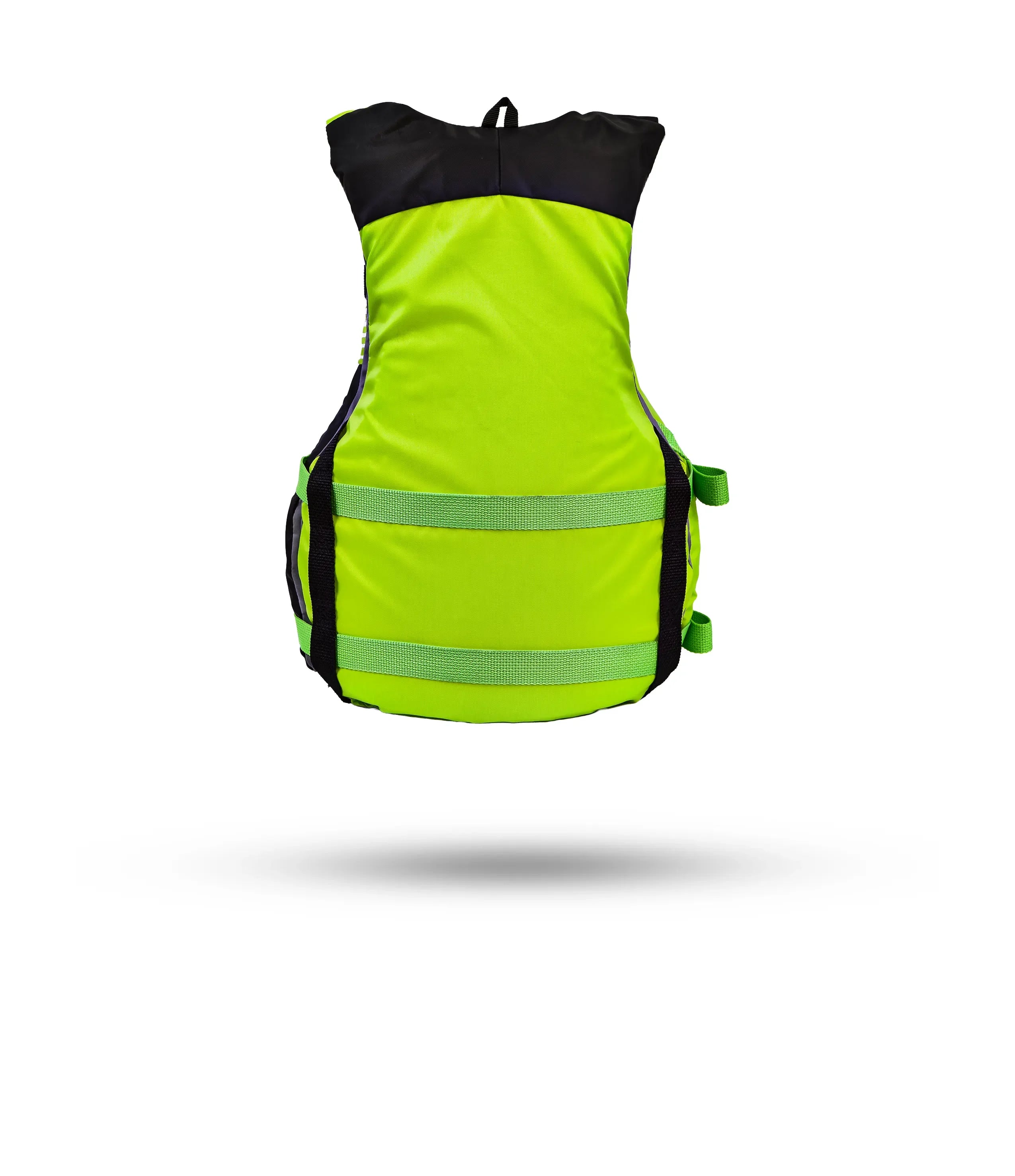 Stohlquist lime green and black paddling life jacket, back view, with side straps