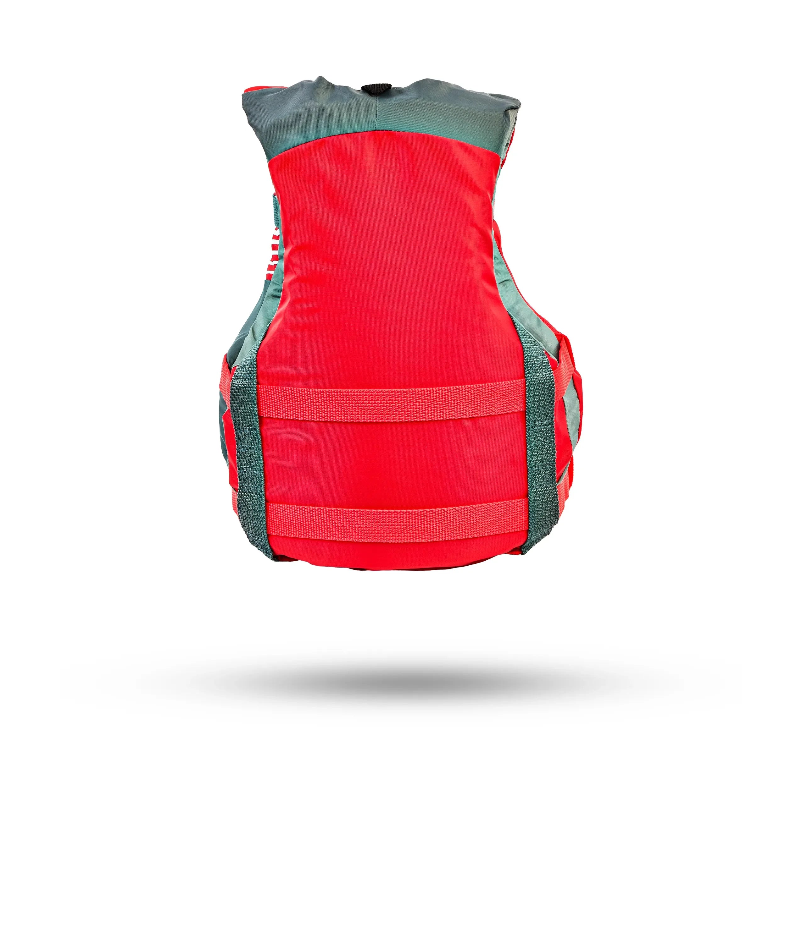 Stohlquist red and gray kayaking life jacket back view, high-quality paddling gear