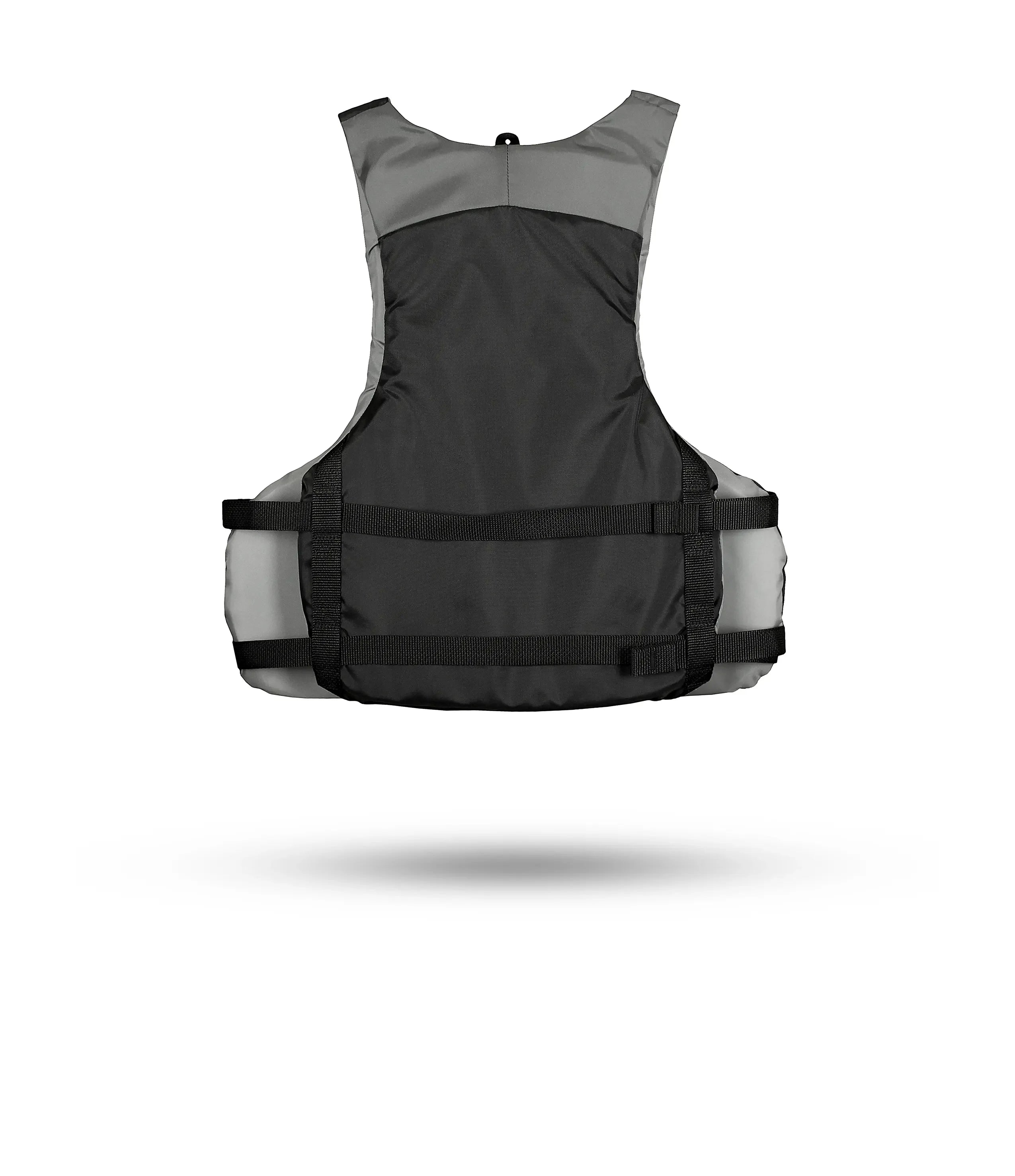 Stohlquist youth gray and black kayaking life jacket, back view, isolated on white