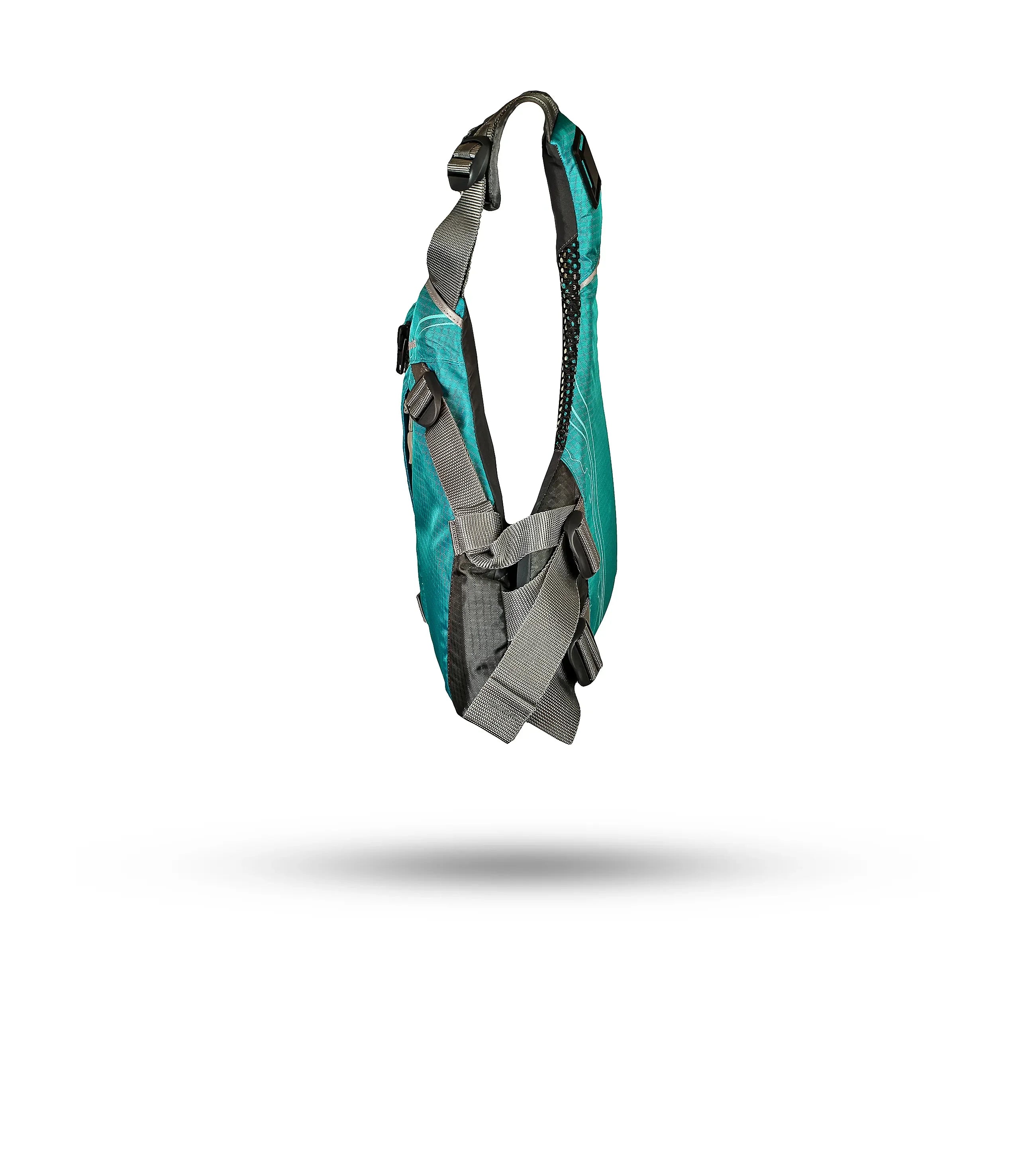 Stohlquist turquoise kayaking life jacket with adjustable straps, side view on white background