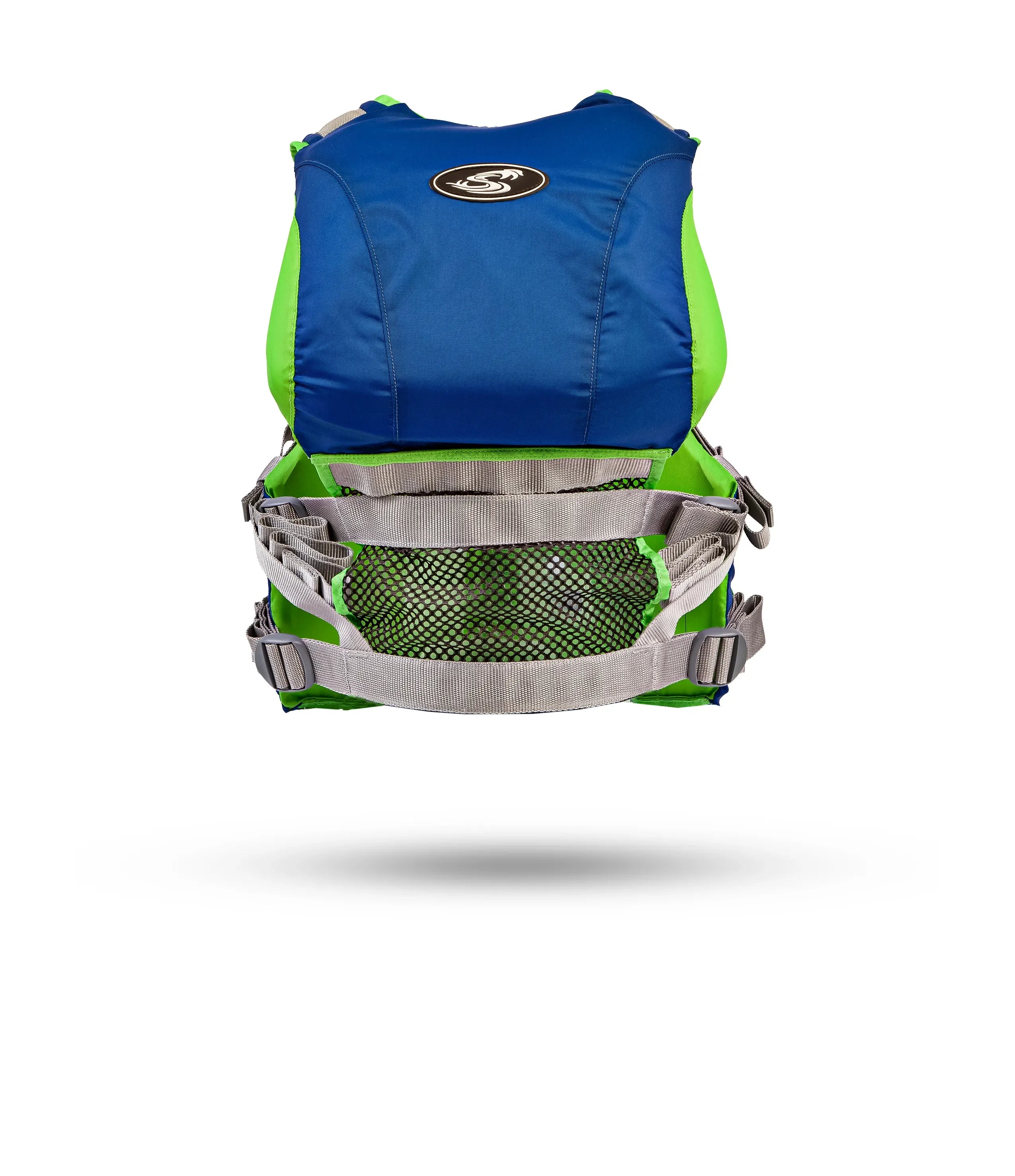 Stohlquist blue and green kayaking life jacket with mesh back and adjustable straps