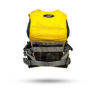 Back view of a yellow Stohlquist kayaking life jacket with gray straps and mesh panel