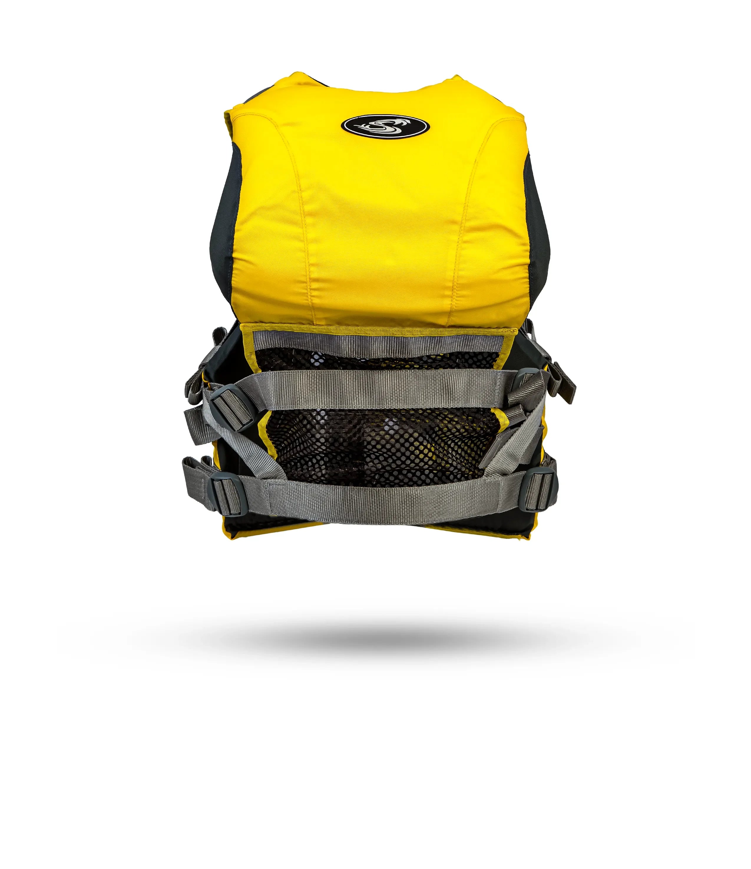 Back view of a yellow Stohlquist kayaking life jacket with gray straps and mesh panel