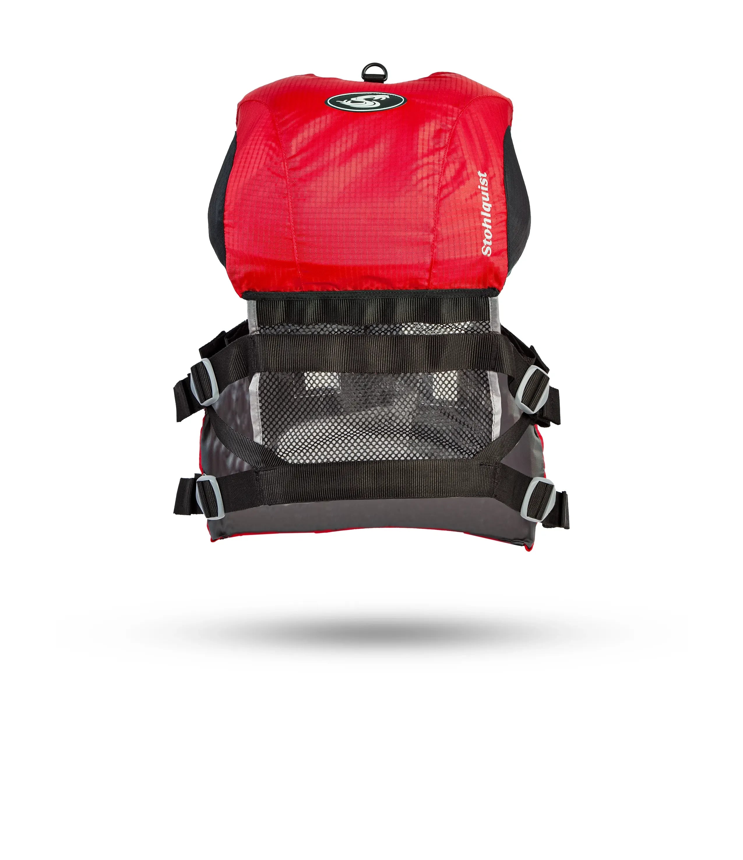 Stohlquist red kayak life jacket back view with mesh panel and adjustable straps