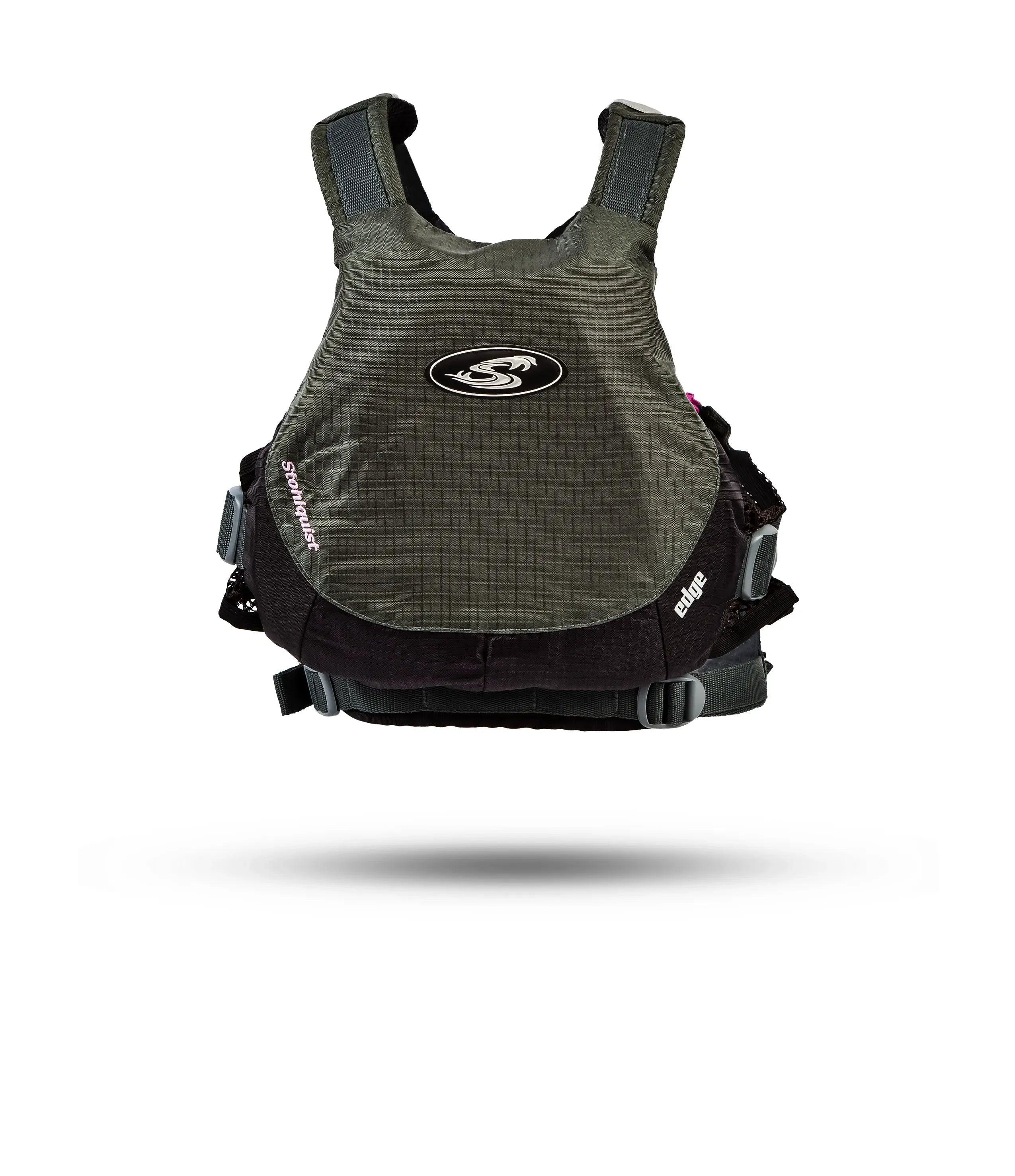 Stohlquist Edge gray kayaking and paddling life jacket, back view, floating on white background