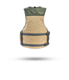 Stohlquist khaki and green kayak safety life jacket, rear view, with adjustable straps.