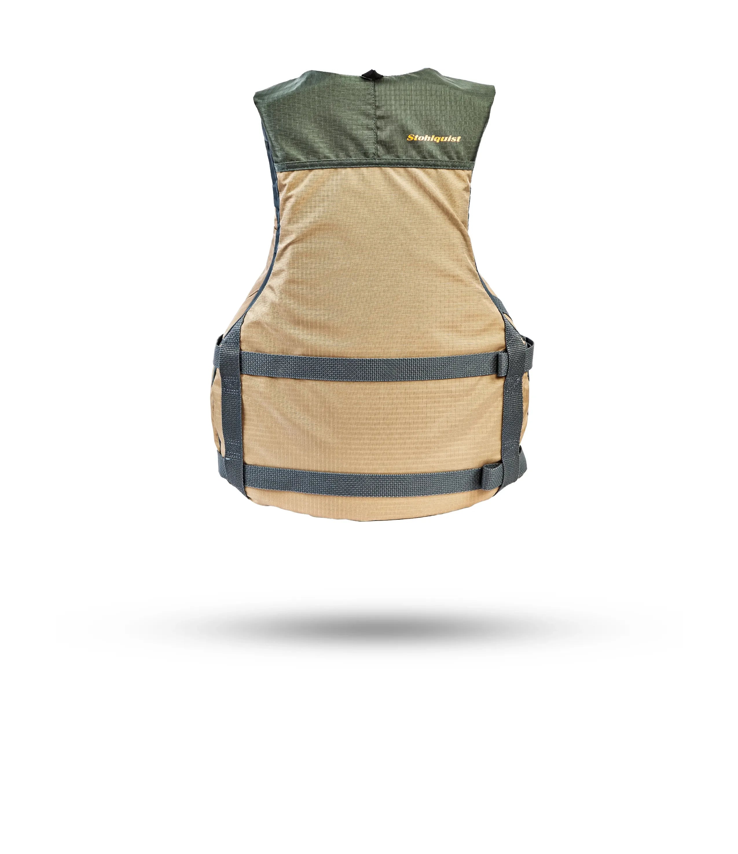 Stohlquist khaki and green kayak safety life jacket, rear view, with adjustable straps.