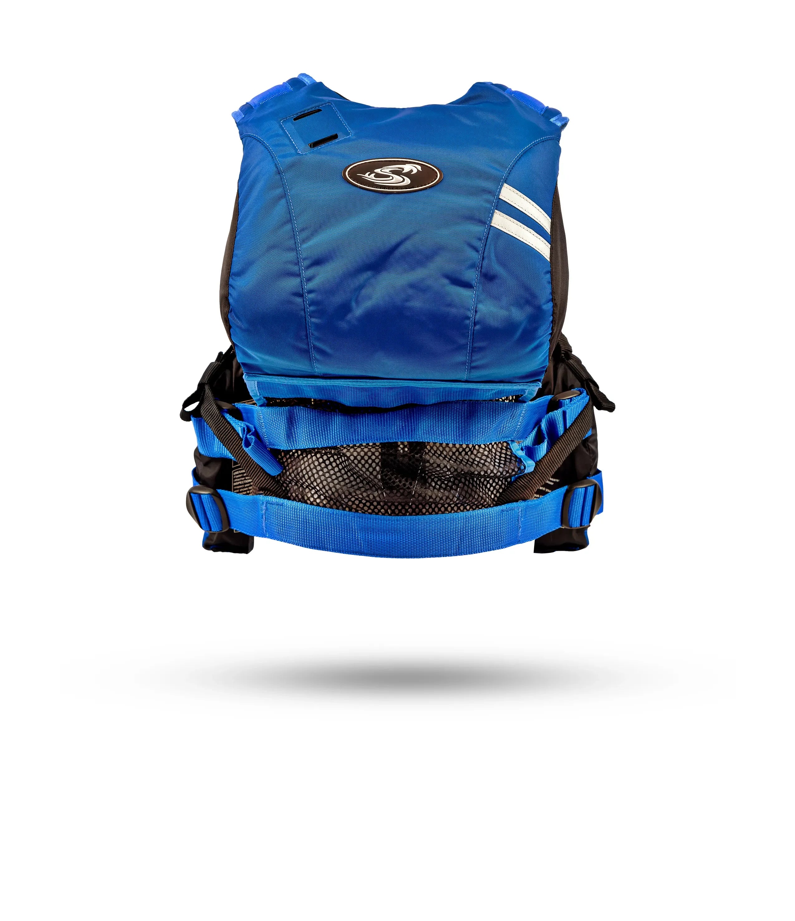 Stohlquist blue kayaking life jacket, back view with adjustable straps, mesh panel, and logo