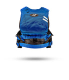 Stohlquist blue kayaking life jacket, back view with adjustable straps, mesh panel, and logo