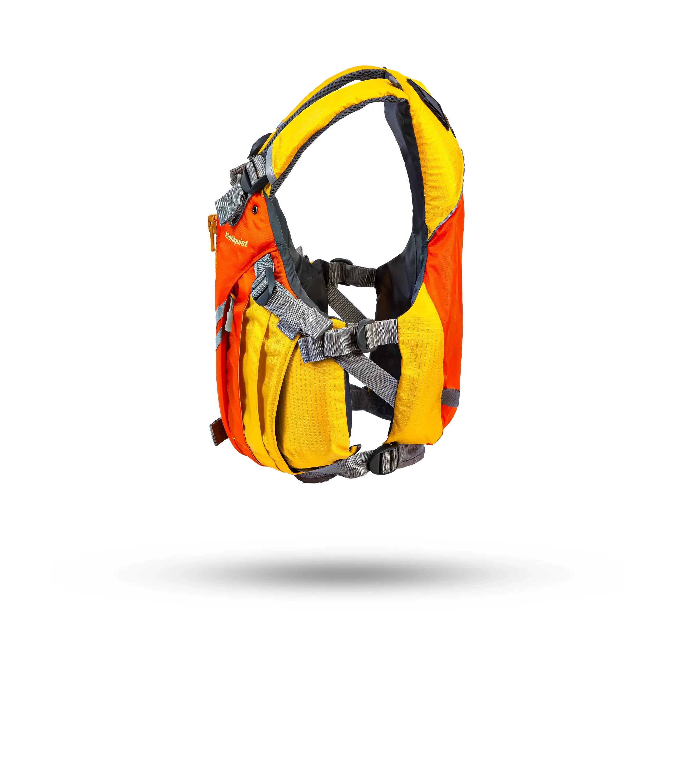 Stohlquist kayaking life jacket in yellow and orange with adjustable straps, side view