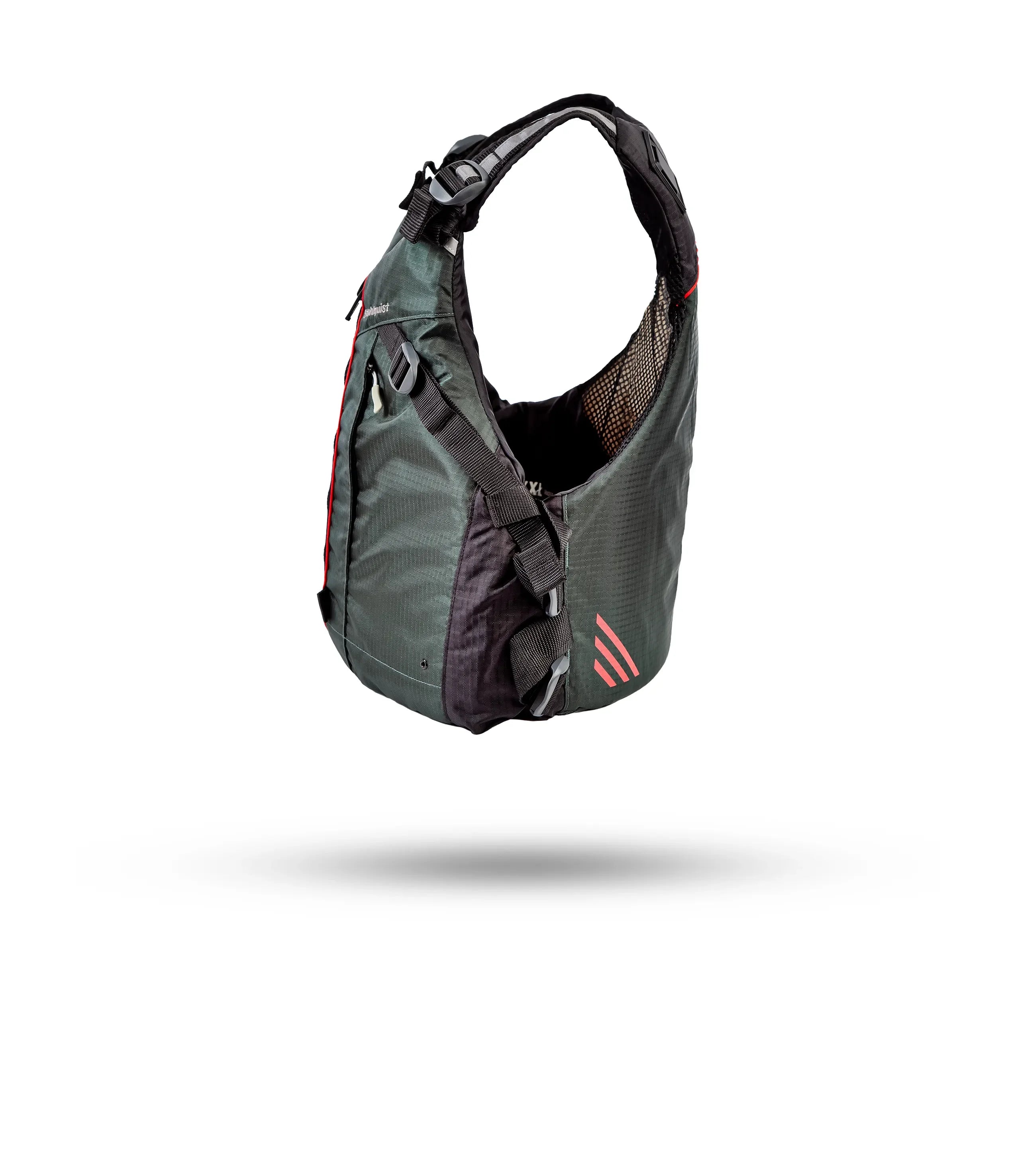 Stohlquist green kayaking life jacket with adjustable straps and mesh back, side view