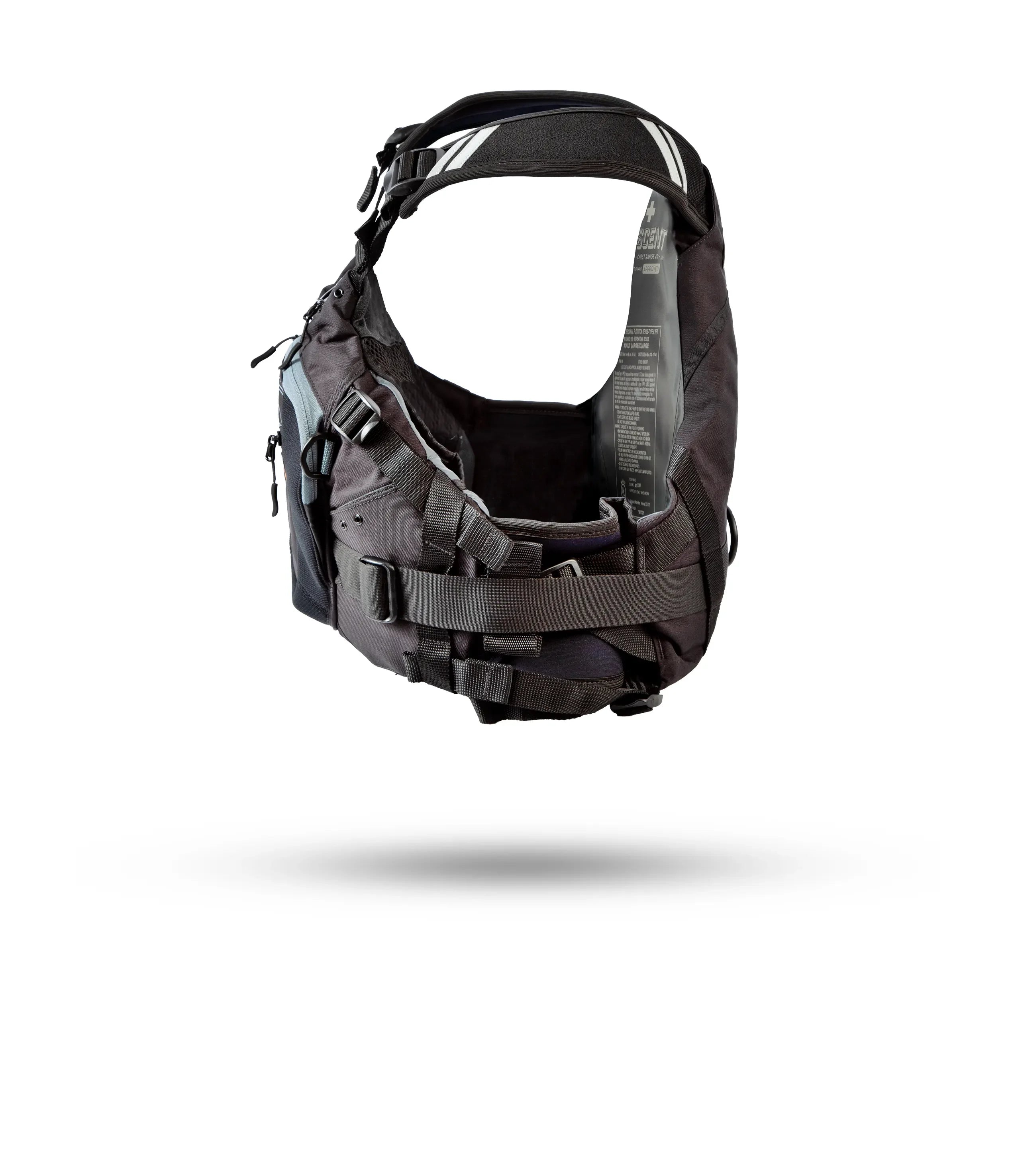 Stohlquist black kayaking life jacket with adjustable straps and pockets, side view