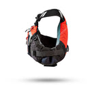 Stohlquist red and black kayak life jacket with adjustable straps, isolated on white