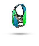 Stohlquist youth green and blue kayaking life jacket with adjustable straps on white background
