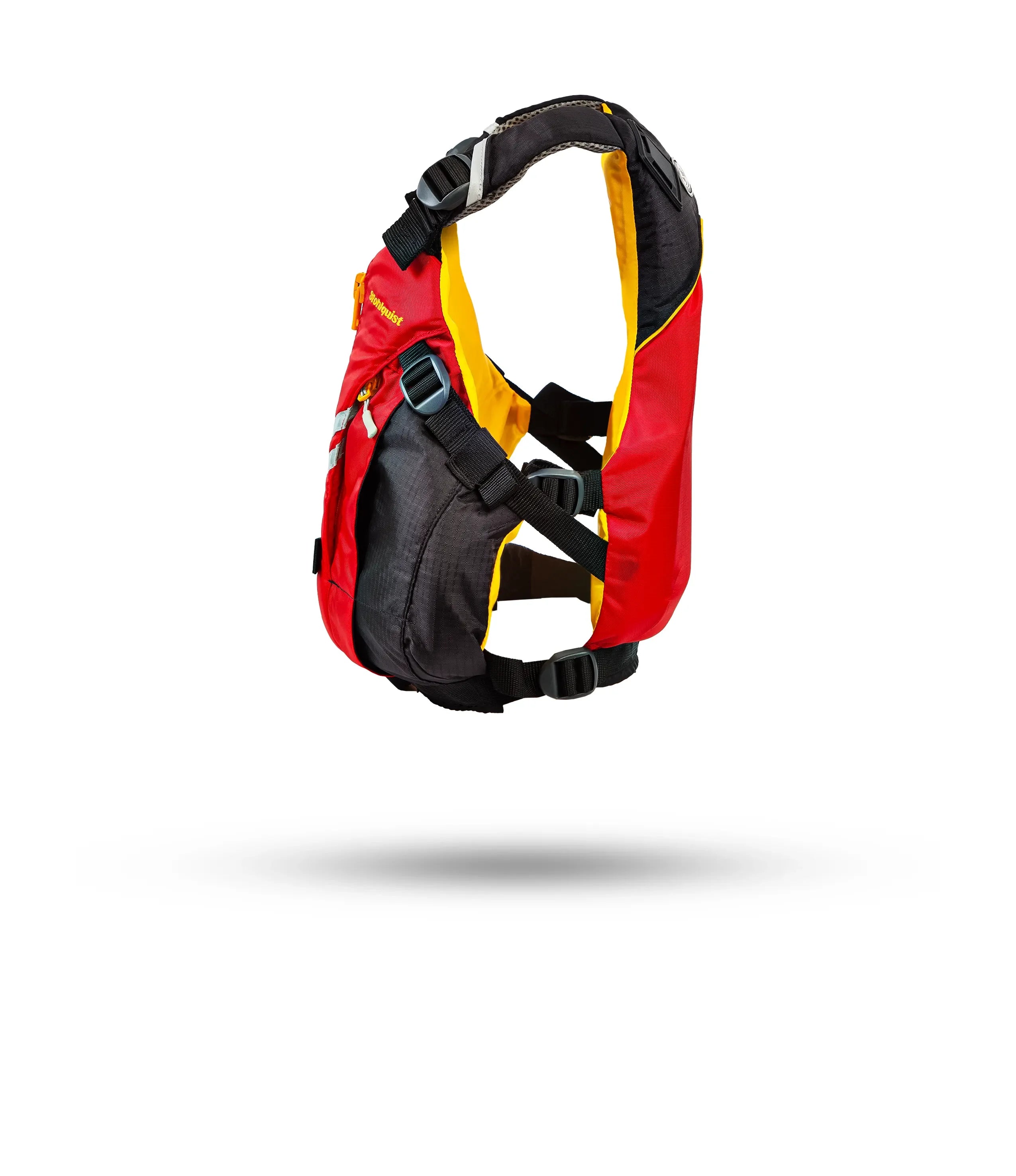 Stohlquist youth kayaking life jacket in red, yellow, and black with adjustable straps