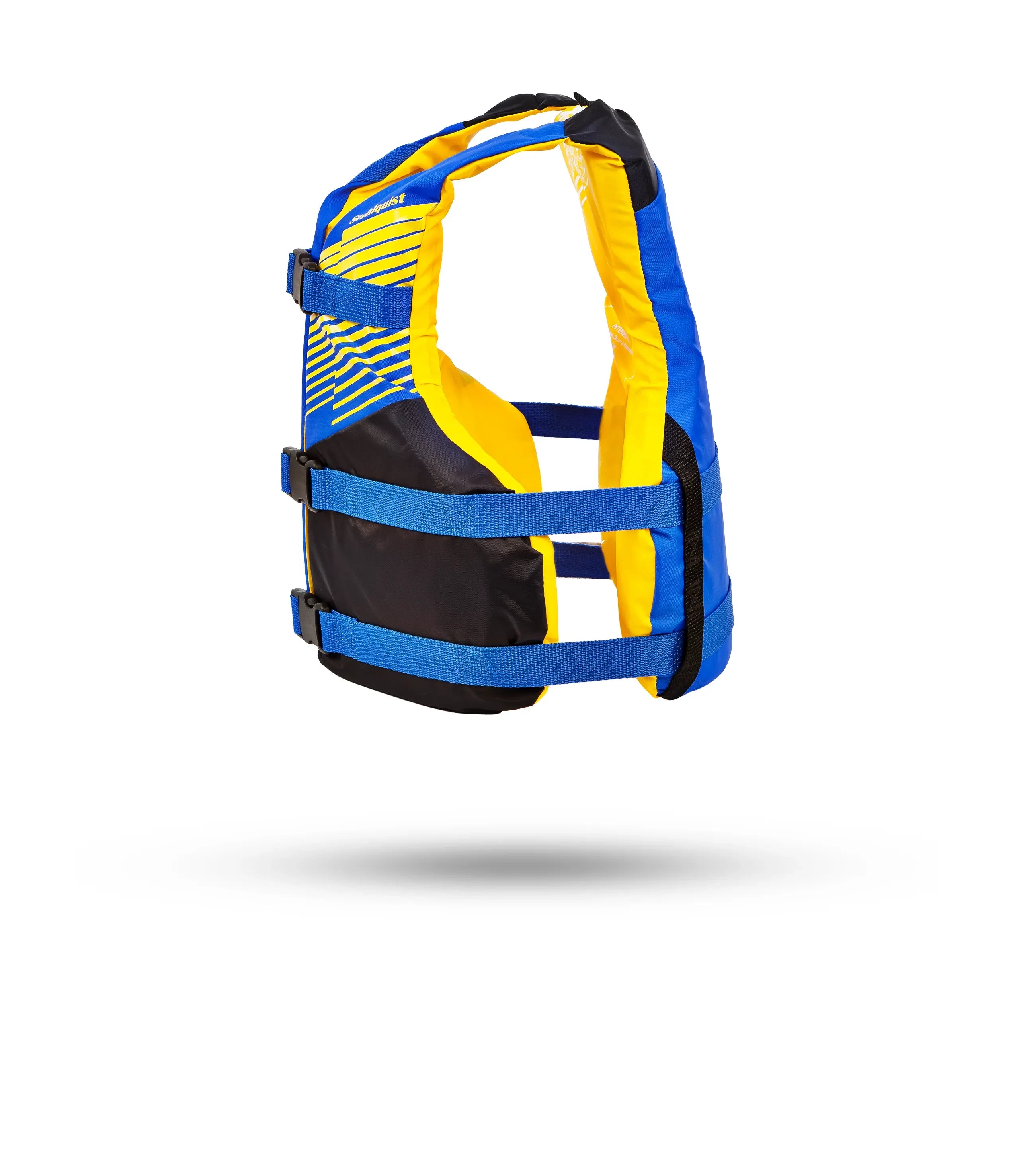 Stohlquist blue and yellow kayaking life jacket with adjustable straps, side view