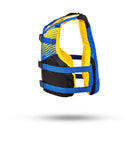 Stohlquist blue and yellow kayaking life jacket with adjustable straps, side view