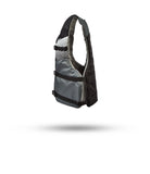 Stohlquist gray and black kayaking life jacket with side straps, floating on white background