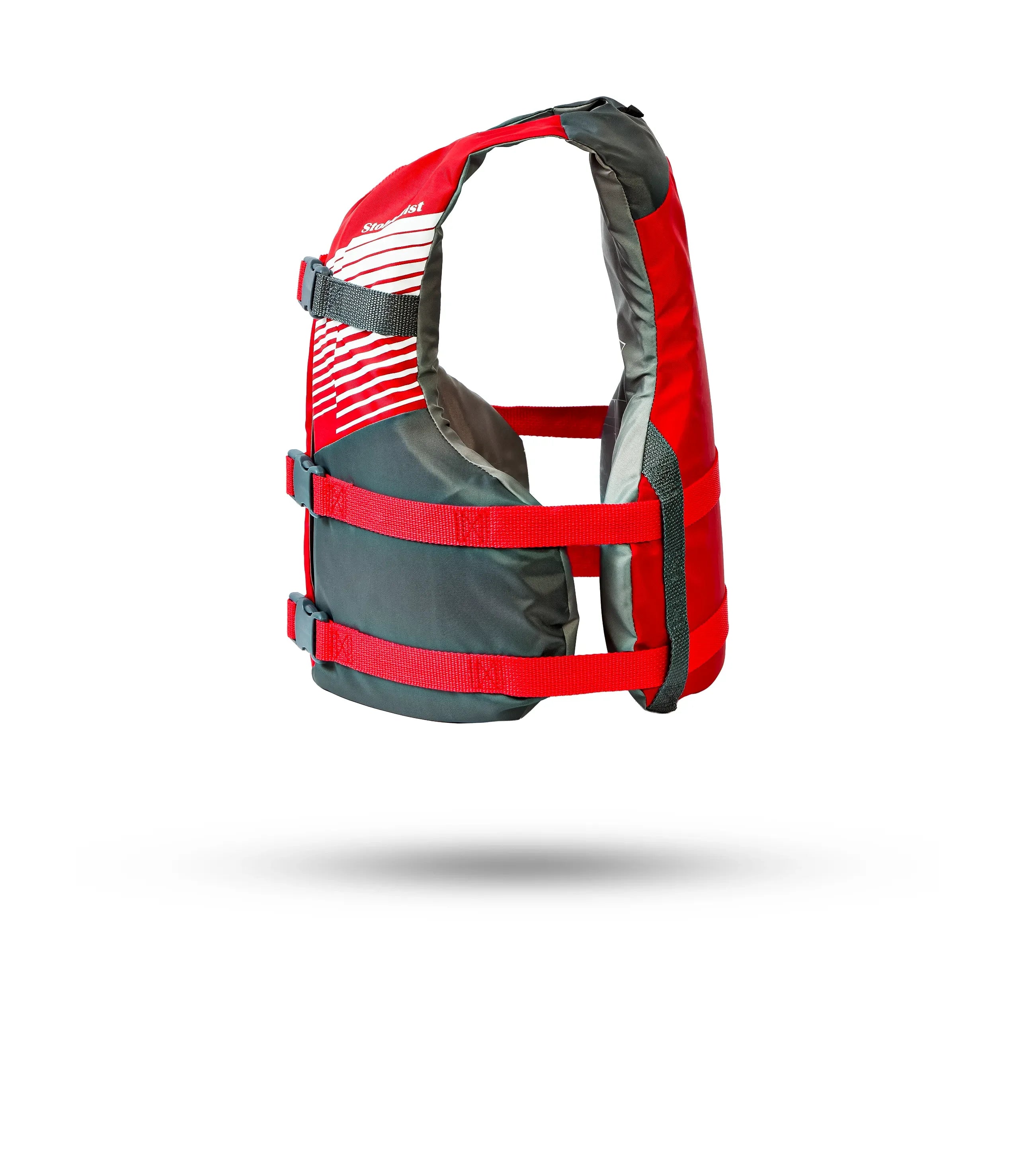Stohlquist red and gray kayaking life jacket with adjustable straps, side profile view